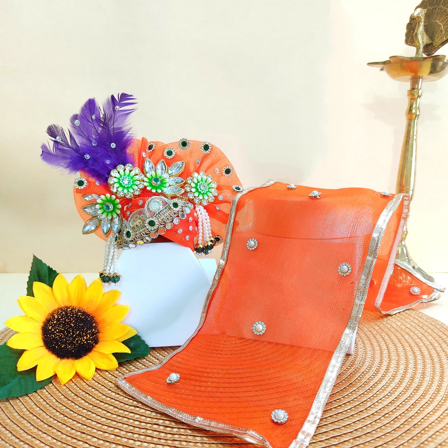 Designer Orange Kanha Ji Dress – Peacock Patches, Purple Feather Work & Full Shringar with Heavy Mukut