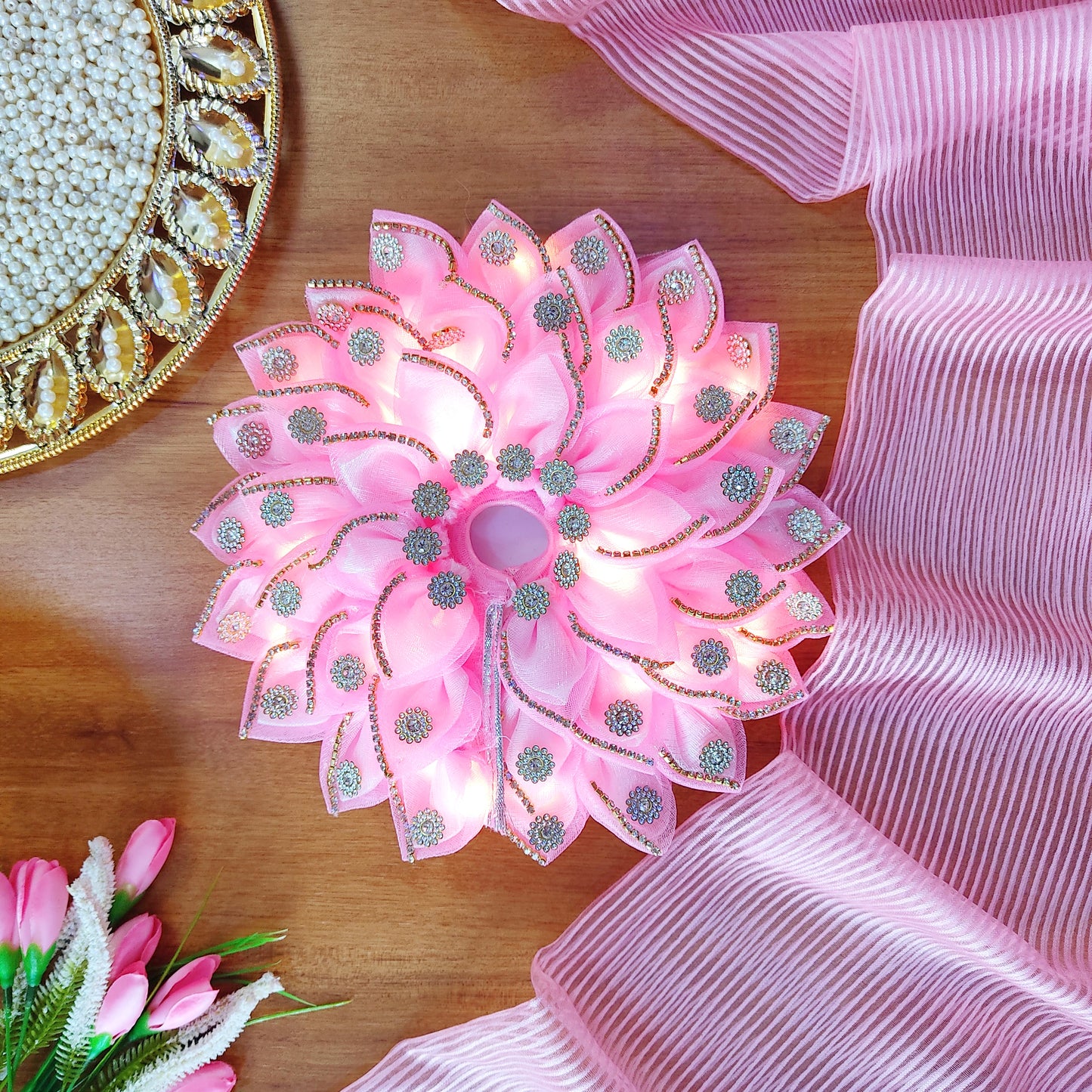 LED Light Up Radha Rani Dress – Two-In-One Pink Radha Rani Dress with Matching Dupatta, Bansuri & A Surprise Gift.
