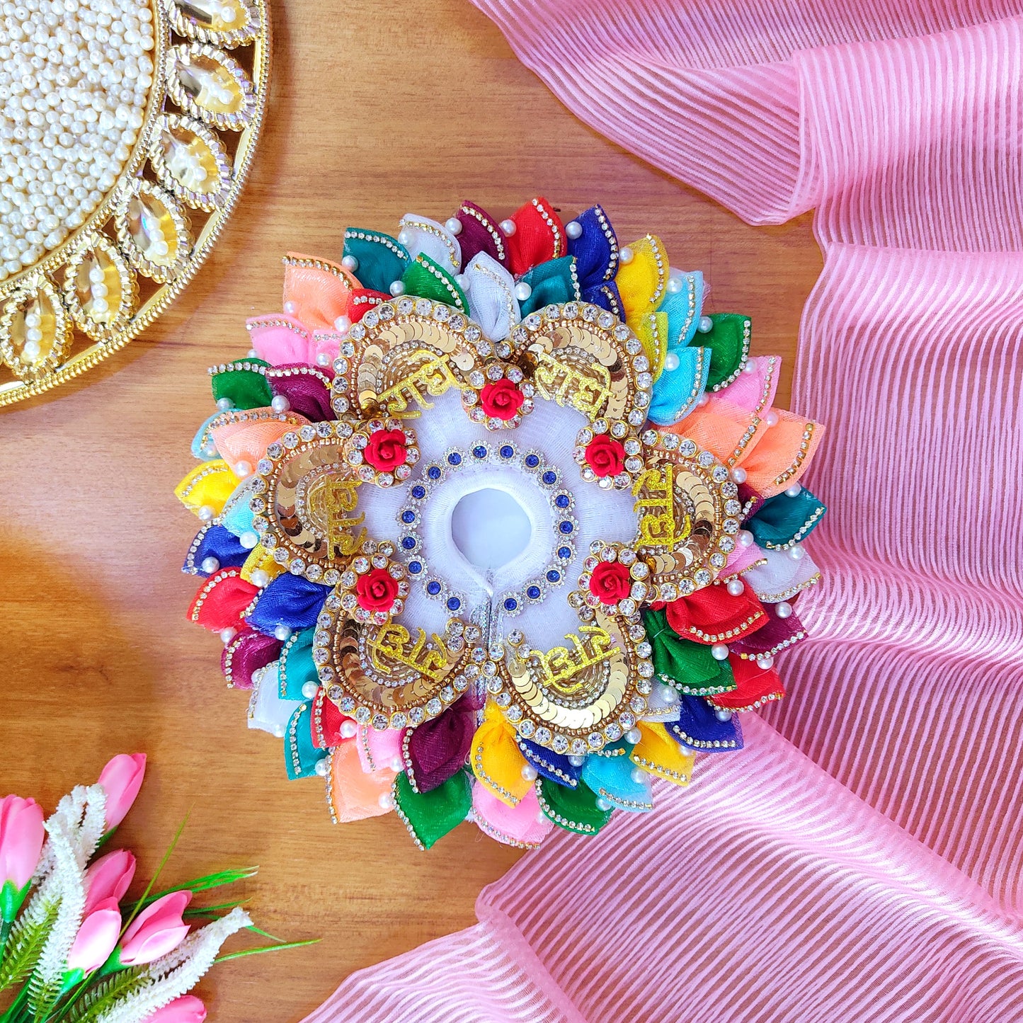 LED Light-Up Two-In-One Radha Rani Dress – Radhe Radhe Patches & Multicolor Petal Work with Heavy Dupatta & Full Shringar Set