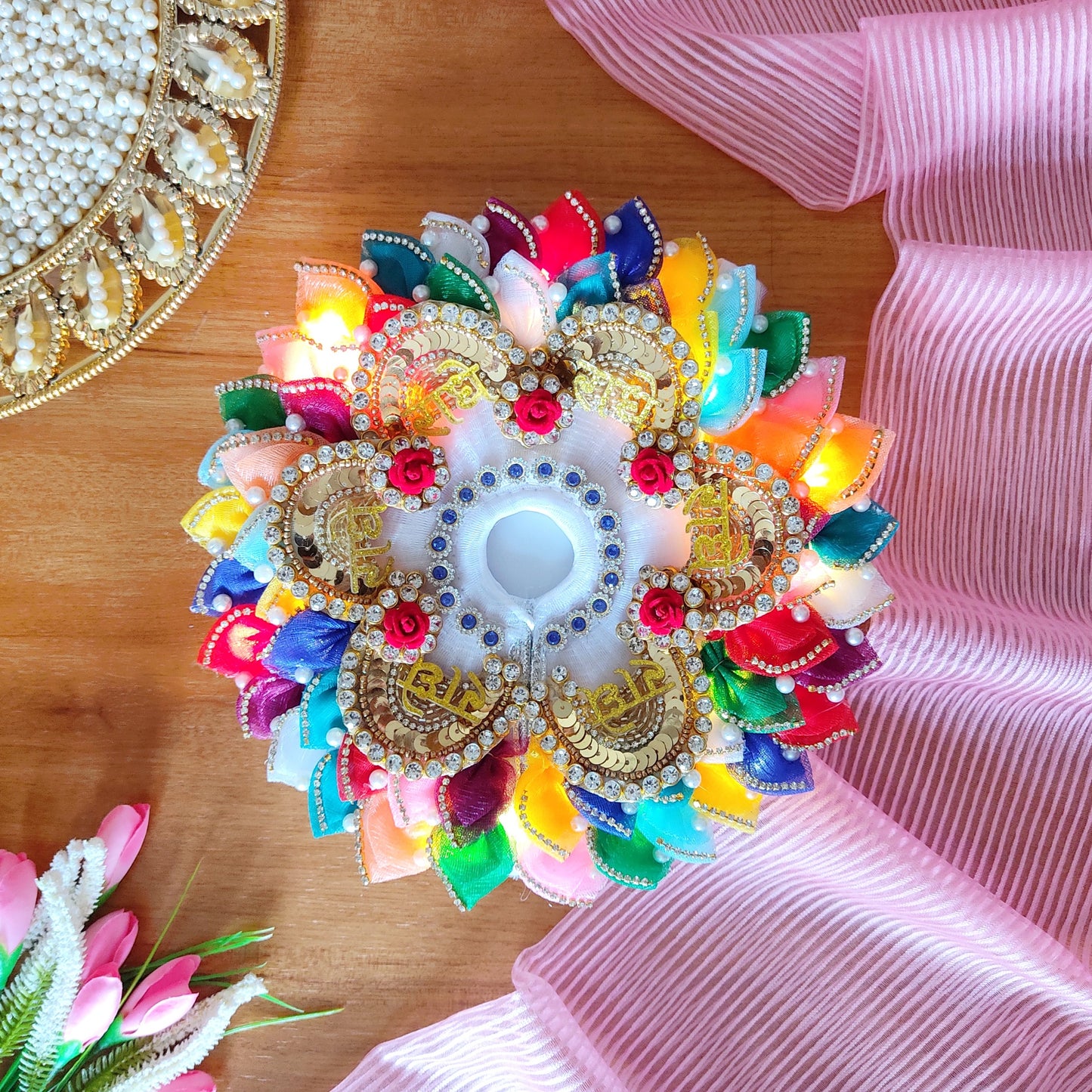 LED Light-Up Two-In-One Radha Rani Dress – Radhe Radhe Patches & Multicolor Petal Work with Heavy Dupatta & Full Shringar Set