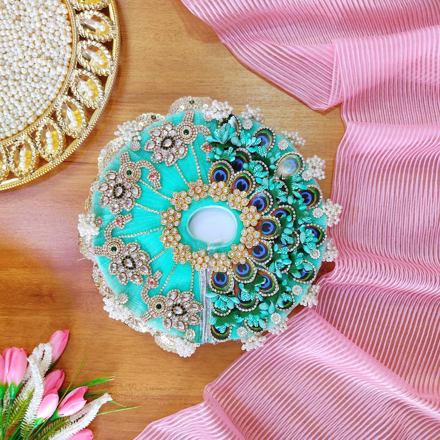 Elegant Sea Green Kanha Ji Dress – Dual Style Peacock Feather Patches & Peacock Kundan Patches with Diamond Jewelry Embellishments, Mukut & Full Shringar Included