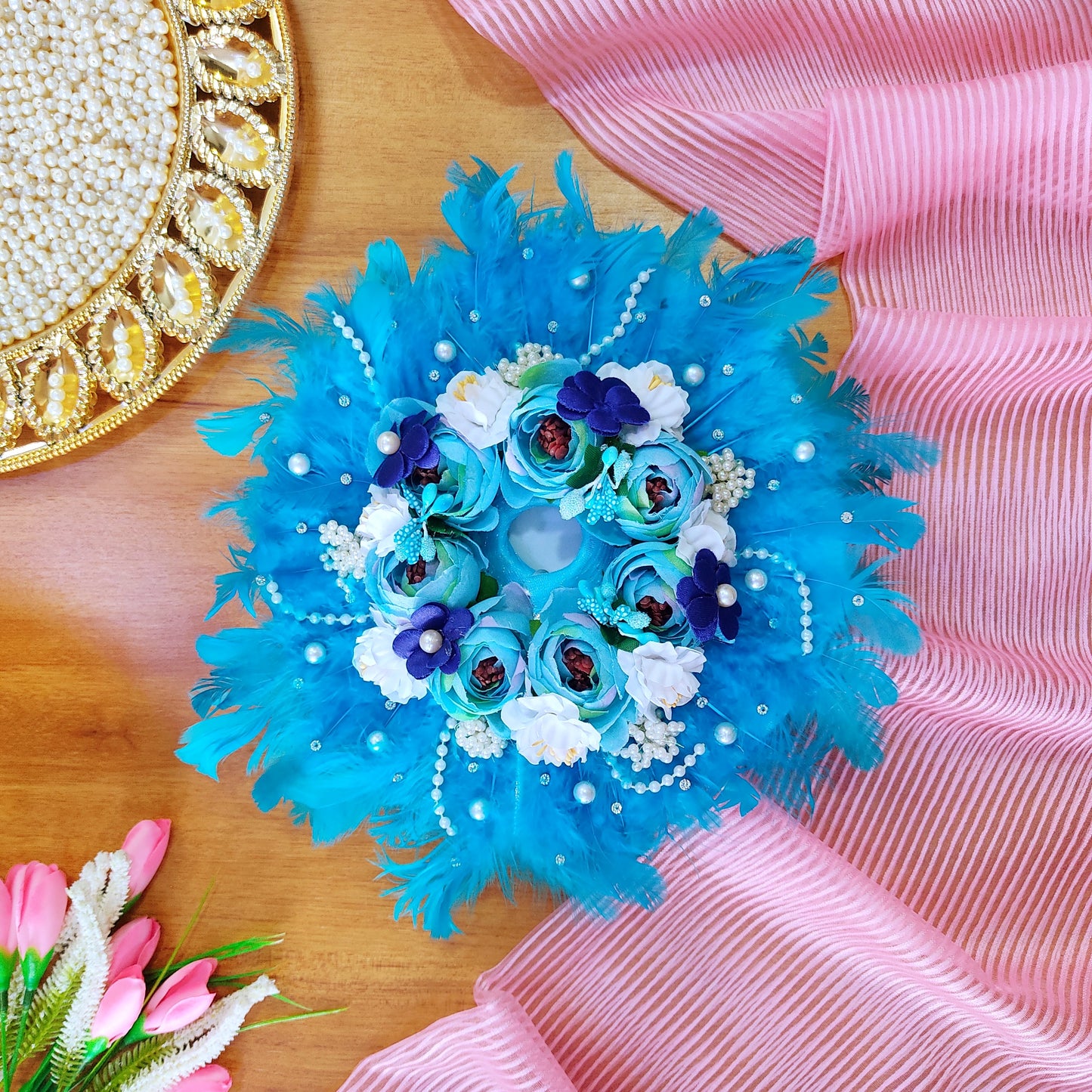 Soft Feather Sky Blue Kanha ji Dress – Janmashtami Special Laddu Gopal Poshak with Floral Work & Matching Mukut Full Shringar Set