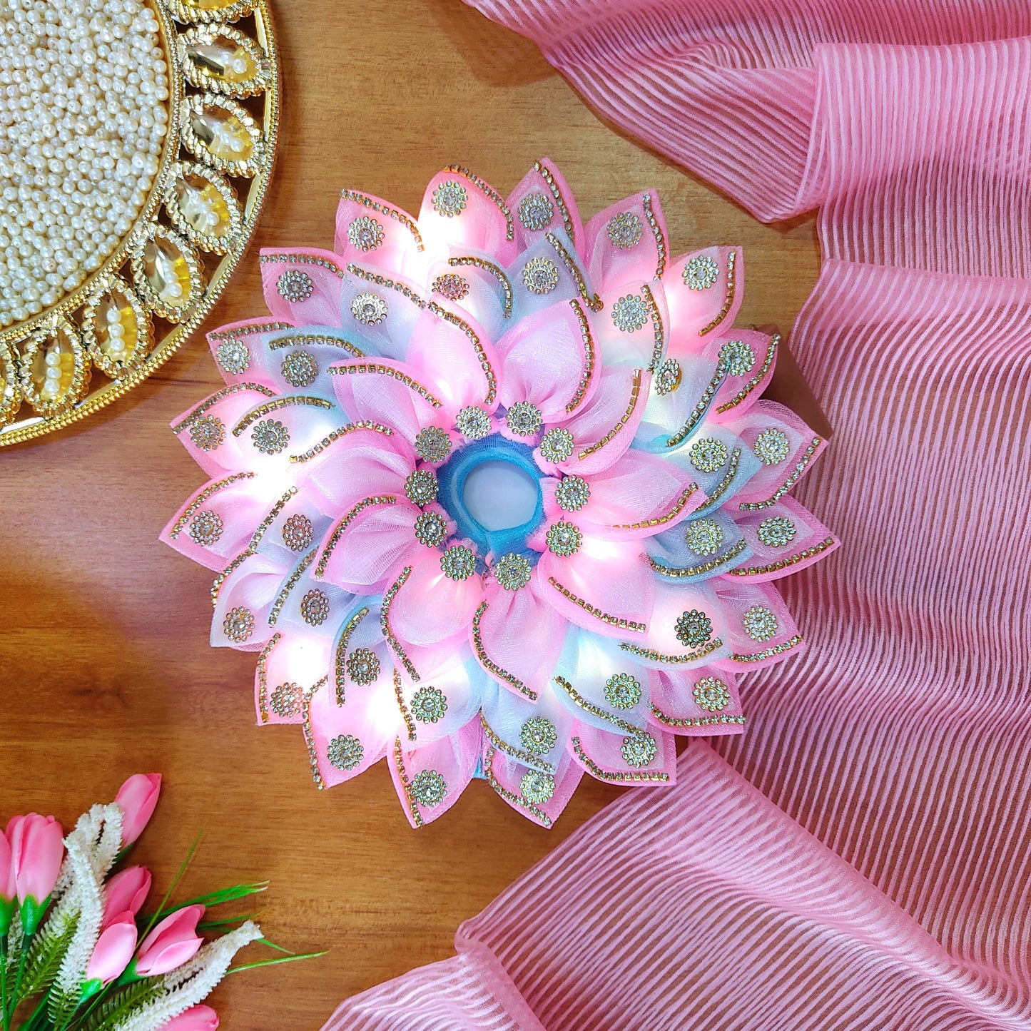 LED Light Up Radha Rani Dress – Two-In-One Pink & Sky-Blue Dress with Matching Dupatta, Bansuri & A Surprise Gift.