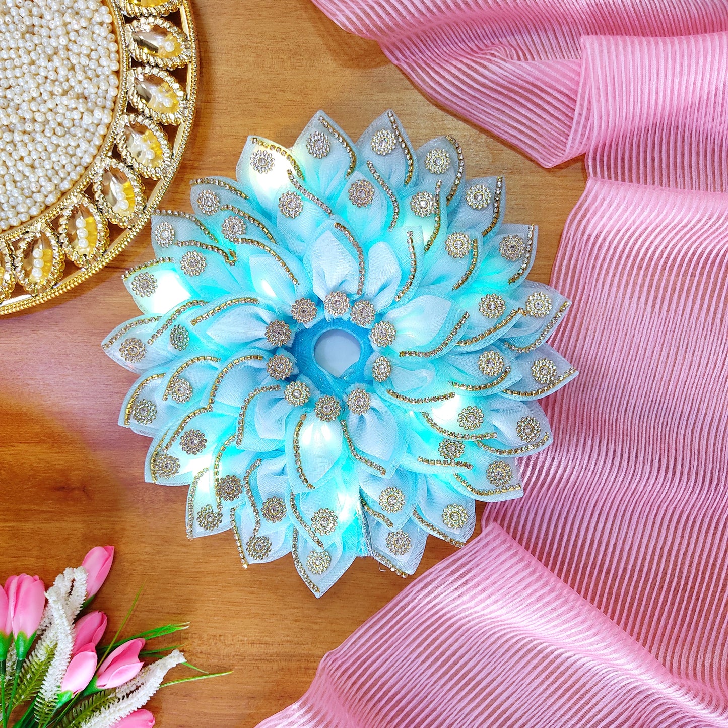 LED Light Up Radha Rani Dress – Two-In-One Sky Blue Dress with Matching Dupatta, Bansuri & A Surprise Gift.