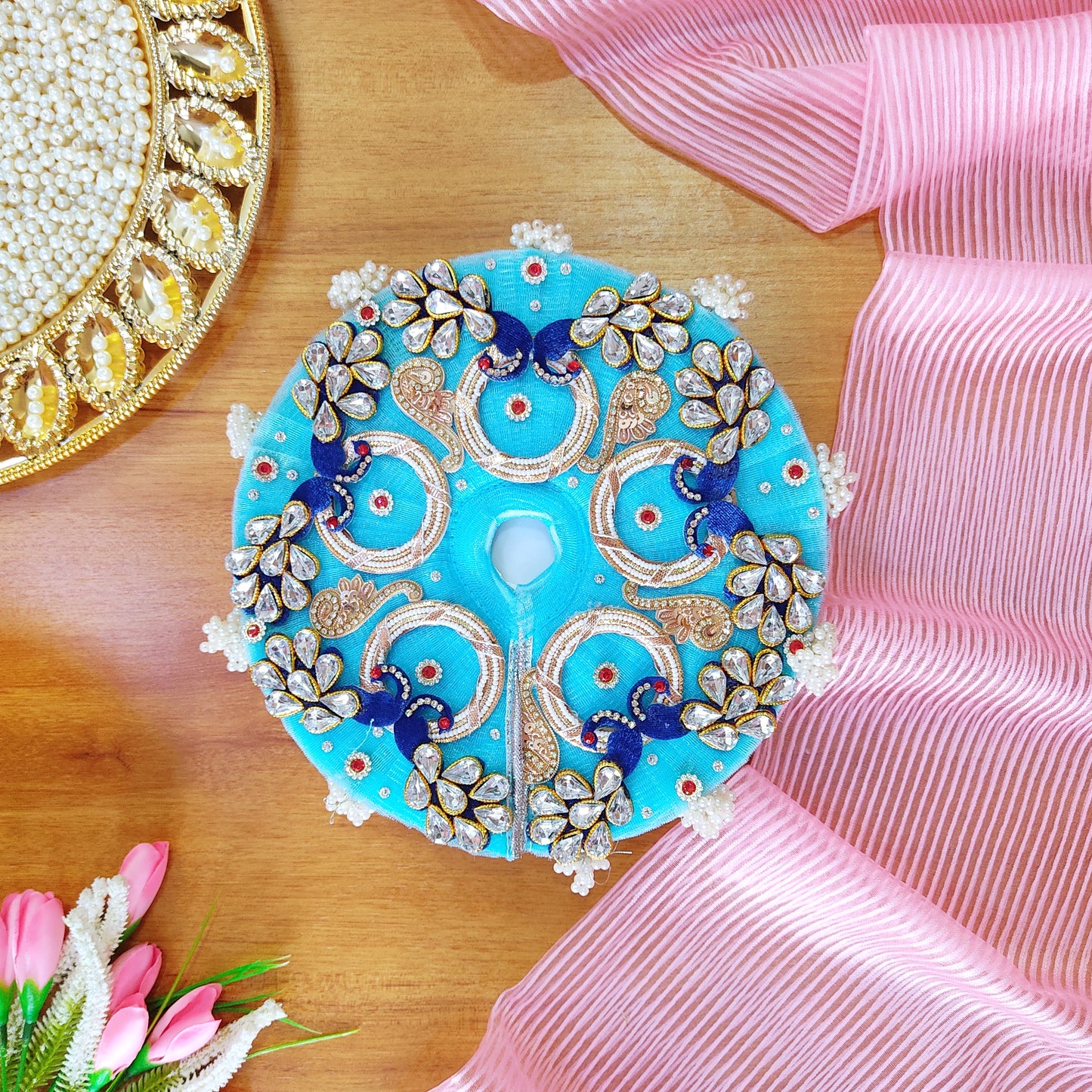 Sky Blue Kundan Work Radha Rani Dress – Royal Kundan Embroidery on Peacock Motifs, Matching Dupatta & Complete Shringar Set