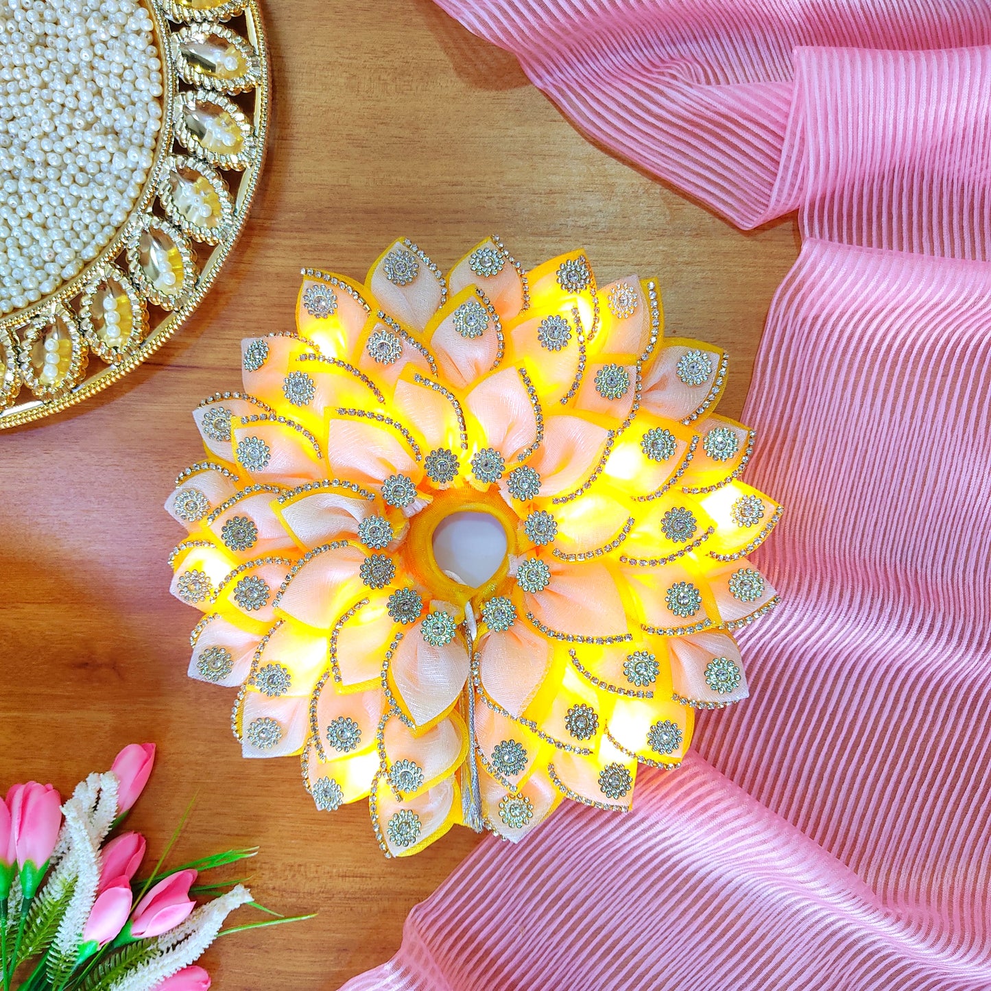 LED Light Up Kanha ji Dress – Two-In-One Fancy Yellow Laddu Gopal Dress with Matching Mukut, Bansuri & A Surprise Gift.