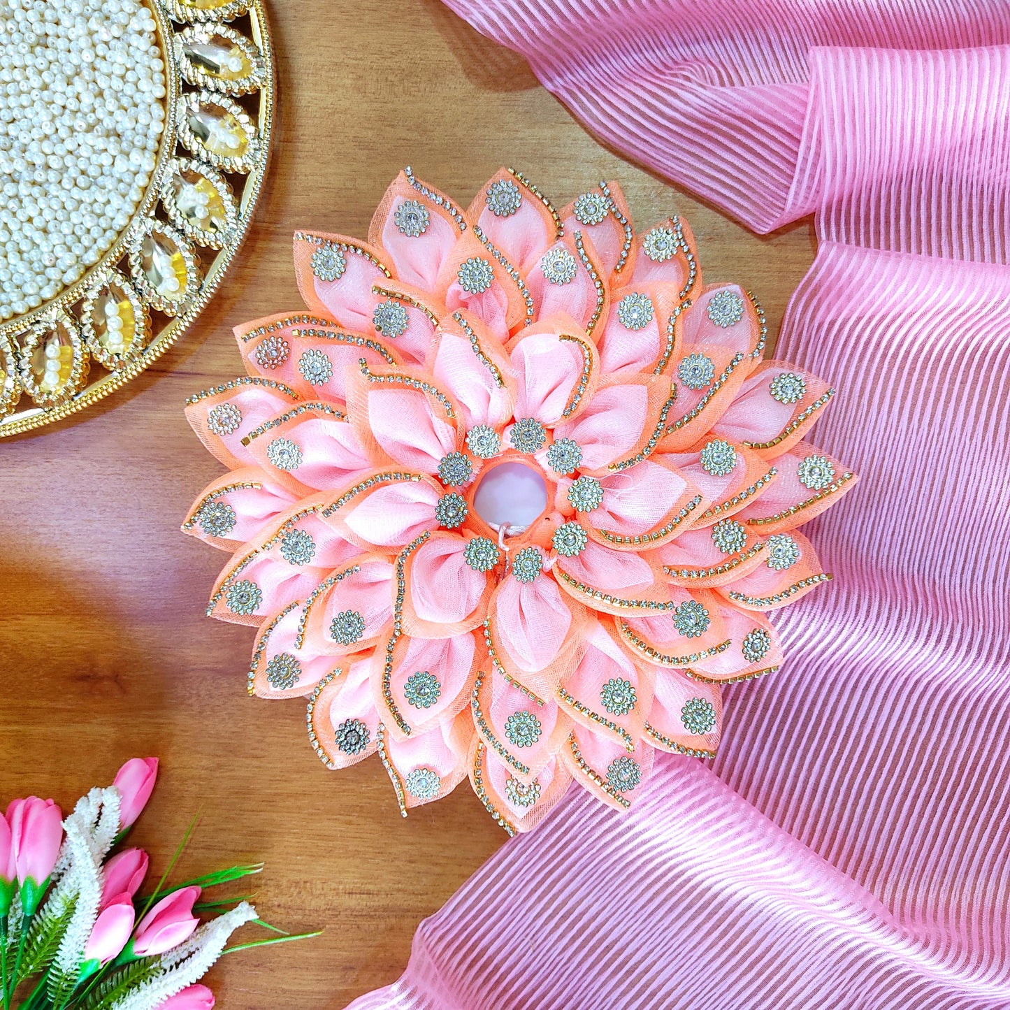LED Light Up Radha Rani Dress – Two-In-One Peach Radha Rani Dress with Matching Dupatta, Bansuri & A Surprise Gift.