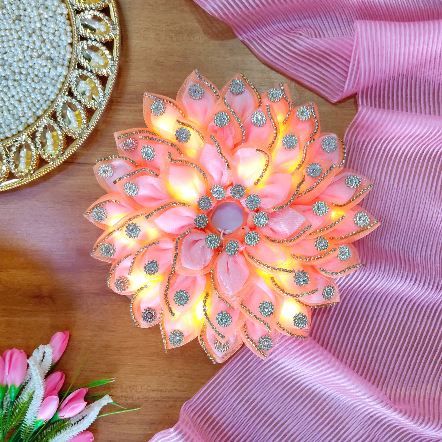 LED Light Up Radha Rani Dress – Two-In-One Peach Radha Rani Dress with Matching Dupatta, Bansuri & A Surprise Gift.