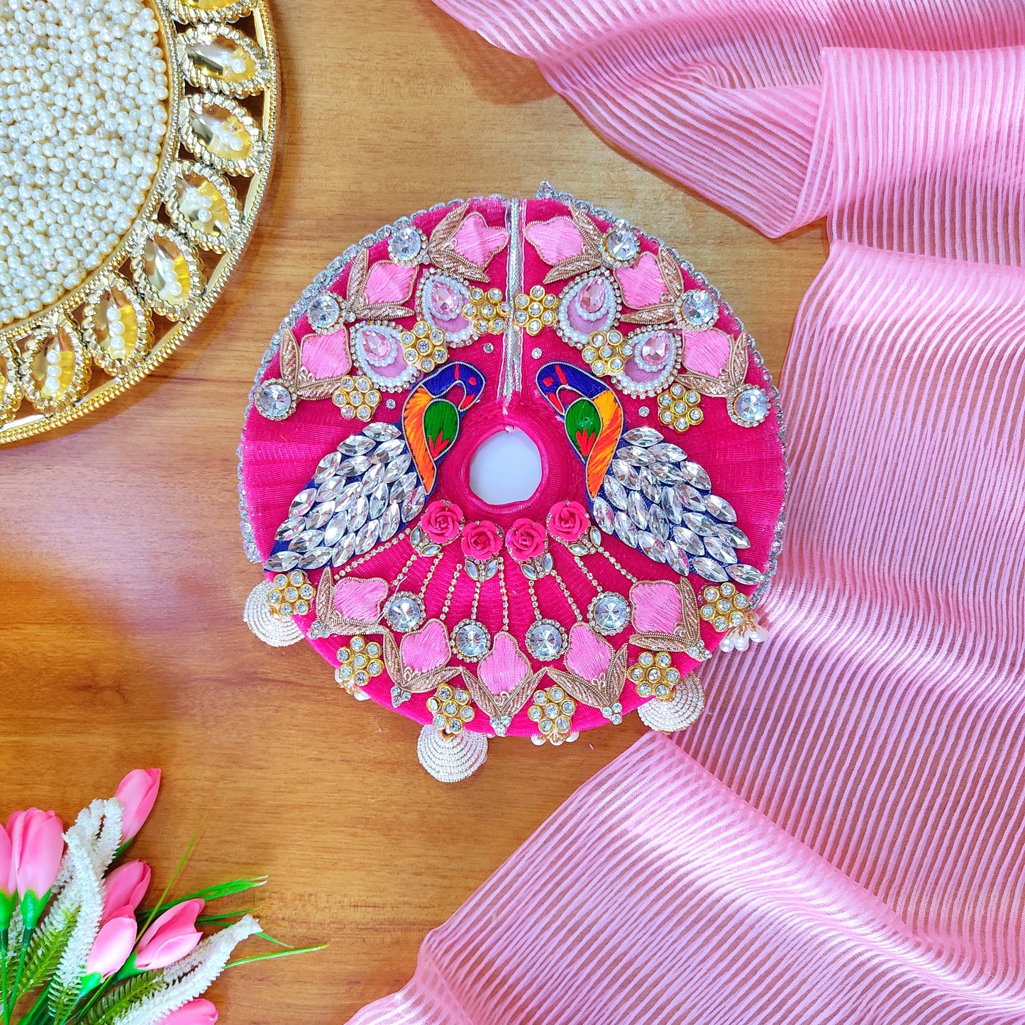 Heavy Look Pink Radha Rani Dress – Designer Peacock Patches Poshak with Heavy Lace and Motifs, Dupatta & Full Shringar Set