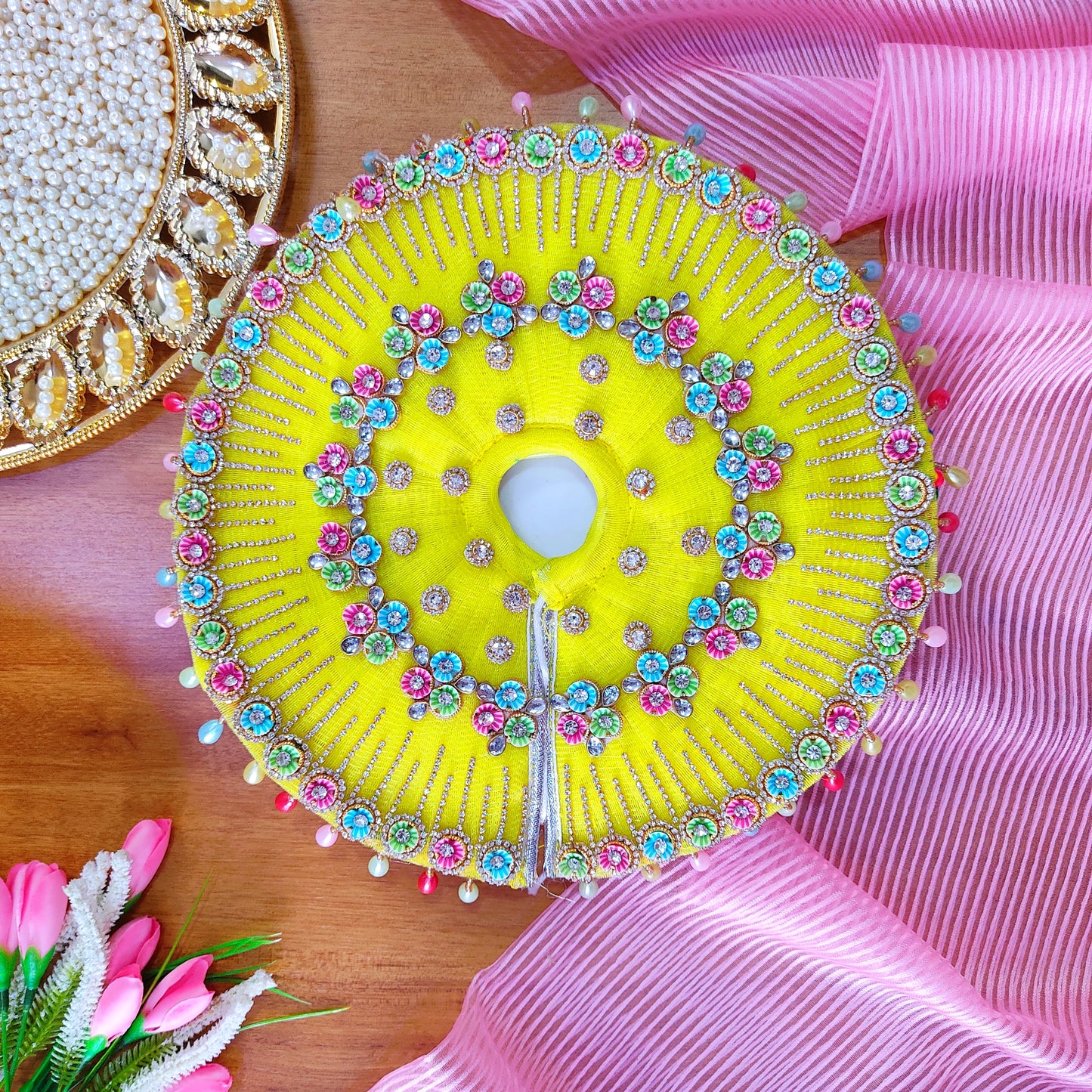 Elegant Lemon Yellow Radha Rani Outfit – Multicolor Floral Work with Diamond Chain Detailing, Chunri & Full Shringar Set