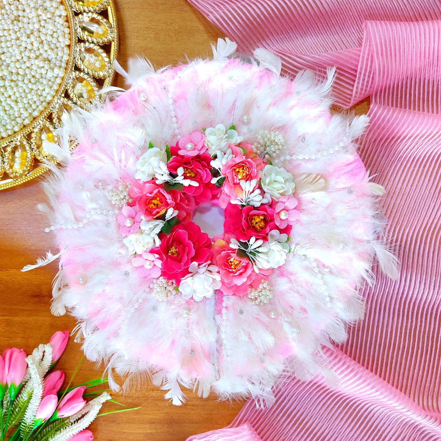 Soft Feather White & Baby Pink Radha Rani Dress – Janmashtami Special Shree Ji Poshak with Floral Work & Matching Chunri With Full Shringar Set