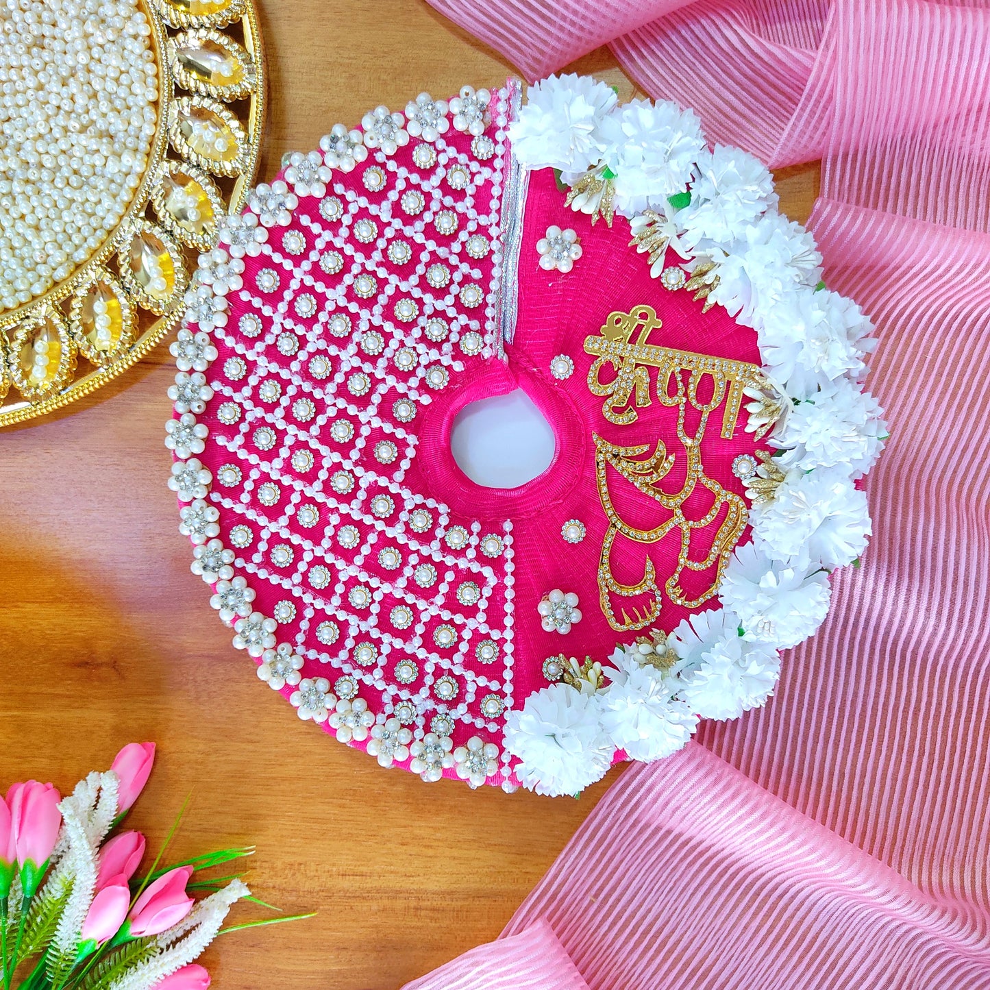Golden “Shree Krishna” Name Patch with Charan Motif Radha Rani Dress – Pink Designer Poshak with Floral and Full Bead Work, Matching Dupatta & Full Shringar Set