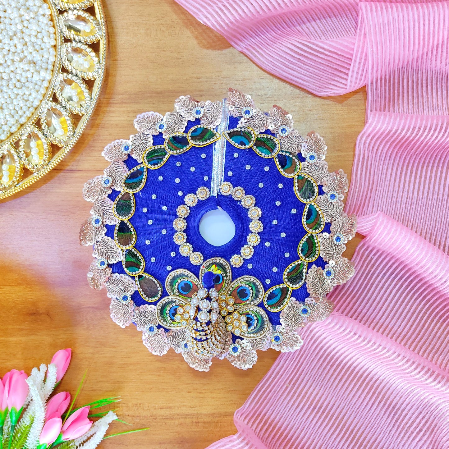 3D Peacock Blue Color Laddu Gopal Dress – Janmashtami Special Designer Thakur Ji Poshak with Matching Mukut & Full Shringar Set
