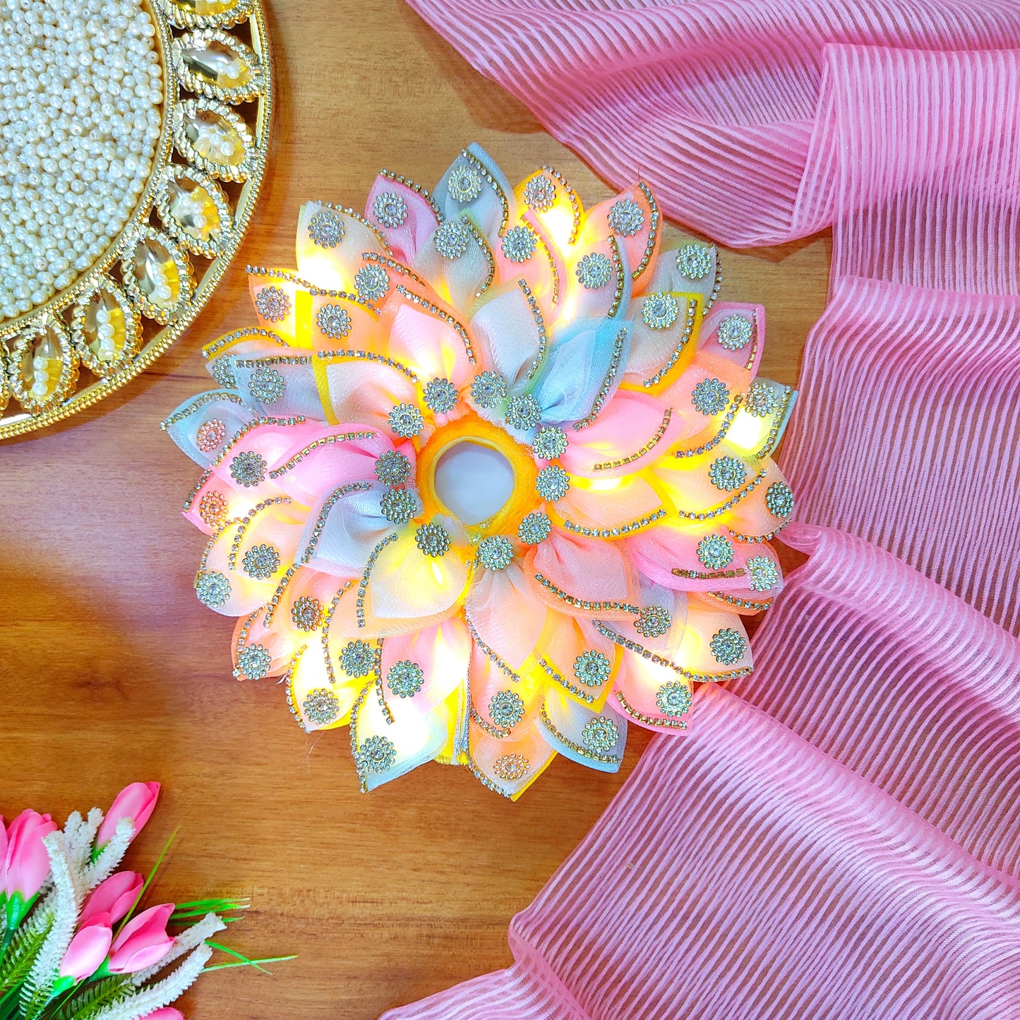 Diwali Special LED Light Up Krishna Dress – Two-In-One Fancy Multicolor Laddu Gopal Poshak with Mukut, Patakha Set, Bansuri and A Surprise Gift