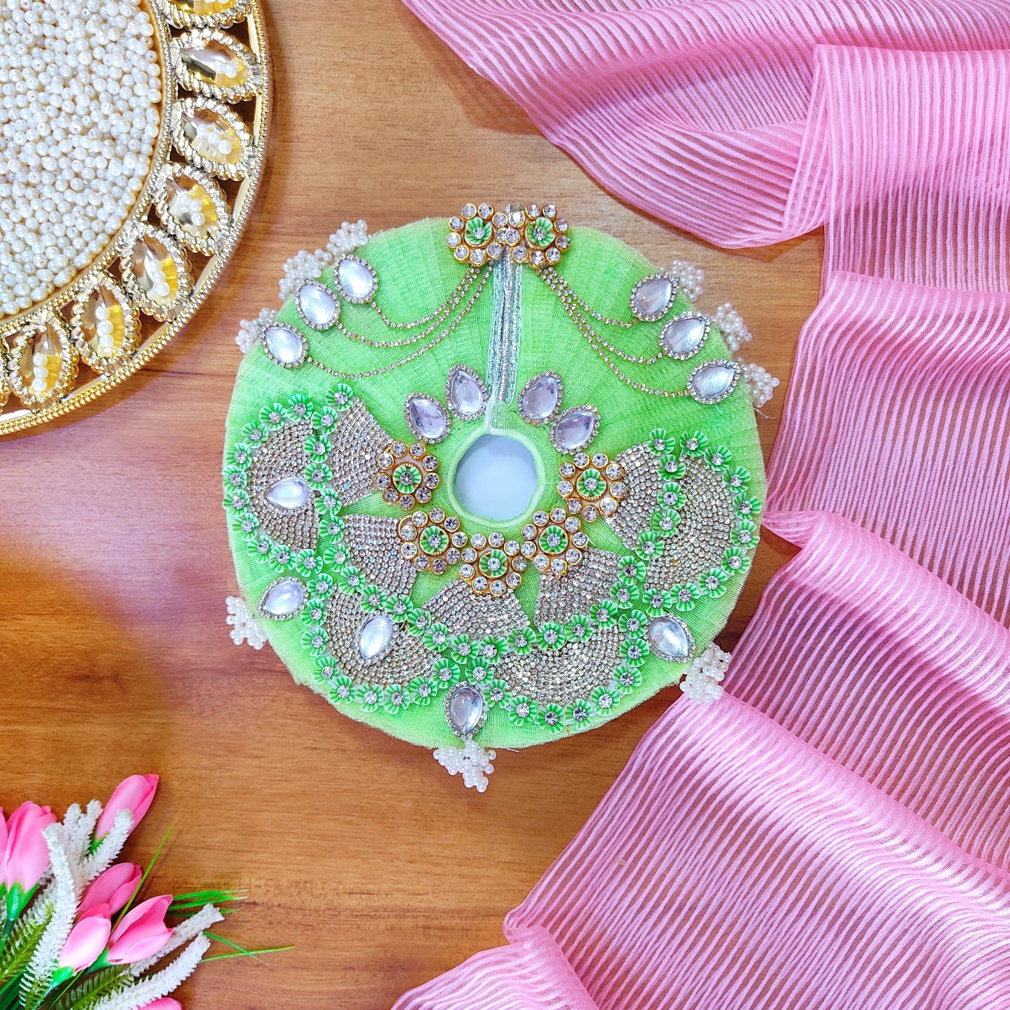 Sparkling Diamond Finish Laddu Gopal Dress in Pear Green – Janmashtami Special Unique Poshak Design With Matching Mukut, Bansuri & A Surprise Gift.