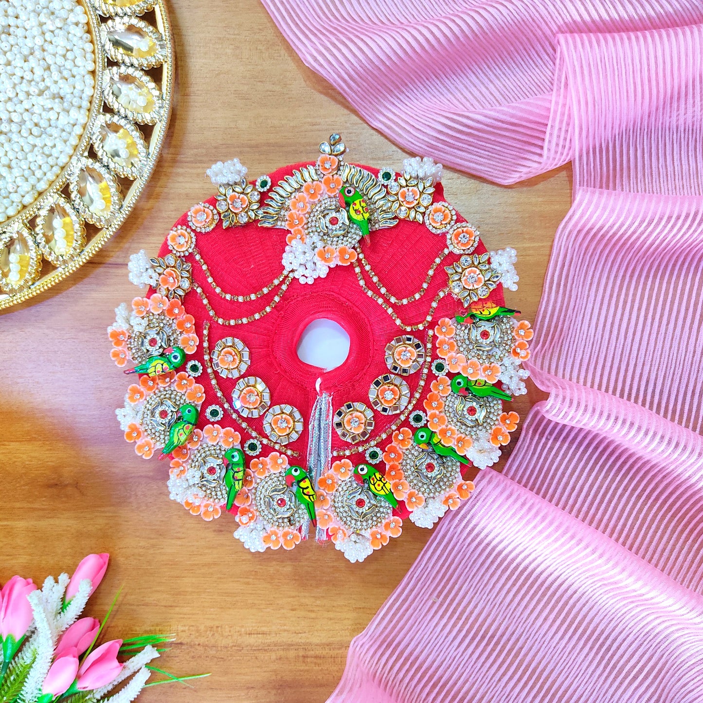 Two-In-One Ring Style Radha Rani Dress – Janmashtami Special Heavy Poshak with Decorative Ring, Handmade Kundan & Floral Patches, Matching Dupatta& Full Shringar Set