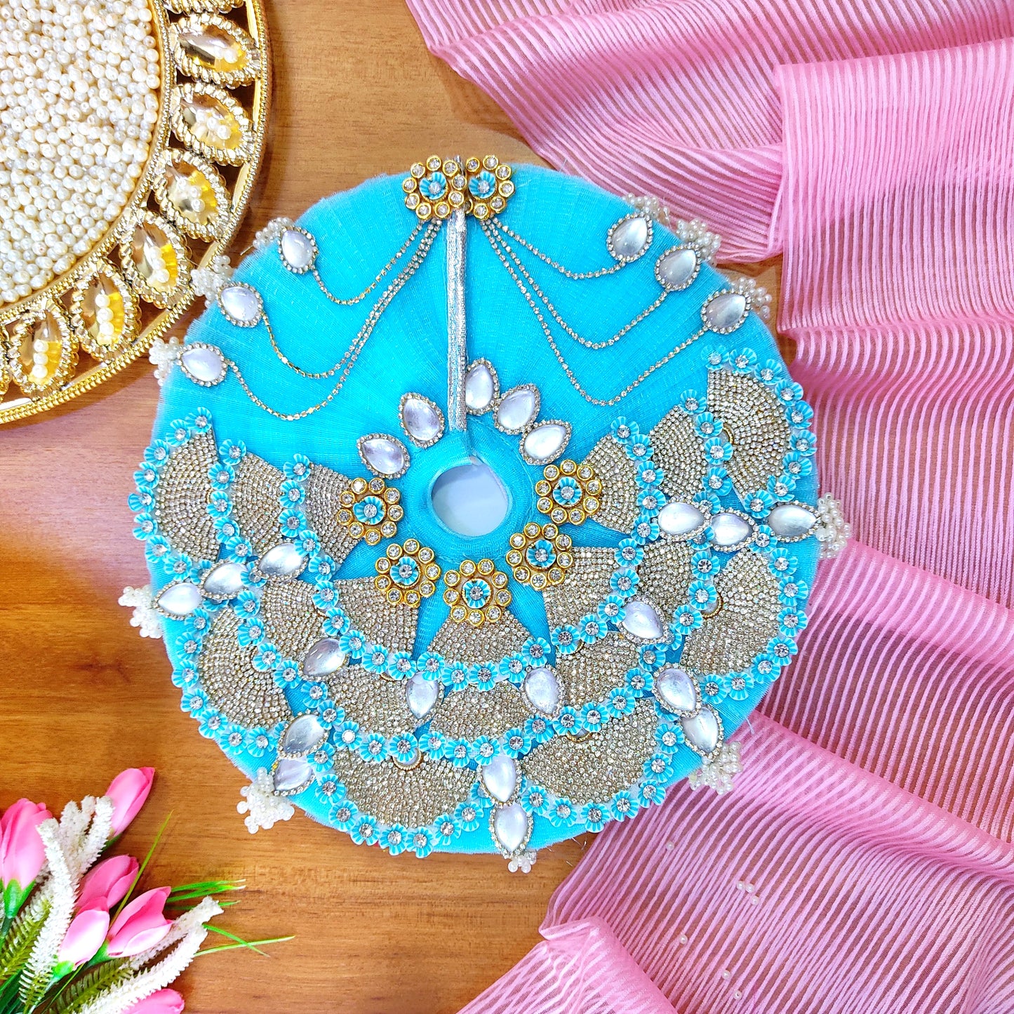 Sparkling Diamond Finish Kanha ji Dress in Sky Blue – Janmashtami Special Unique Design Poshak With Matching Mukut, Bansuri & A Surprise Gift.