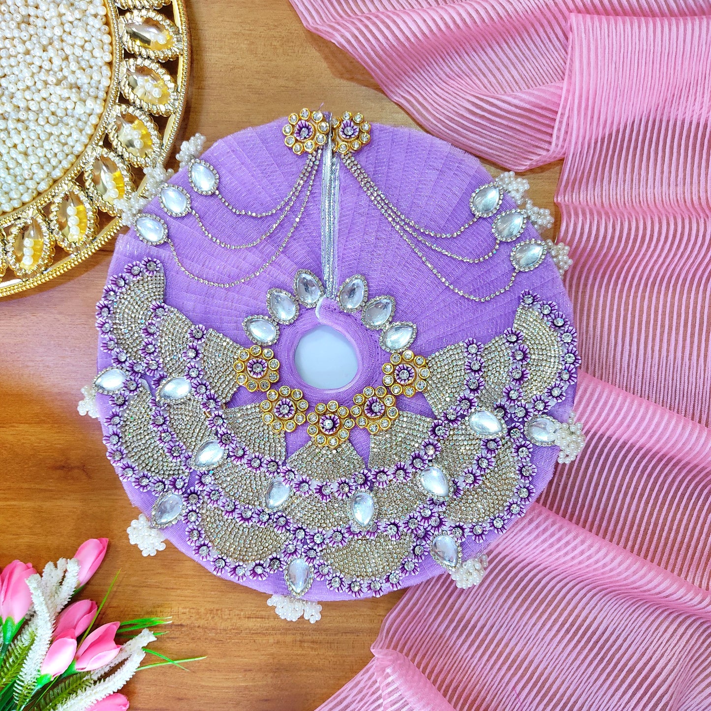 Sparkling Diamond Finish Radha Rani Dress in Light Purple – Janmashtami Special Unique Design Poshak With Matching Chunri, Bansuri & A Surprise Gift.