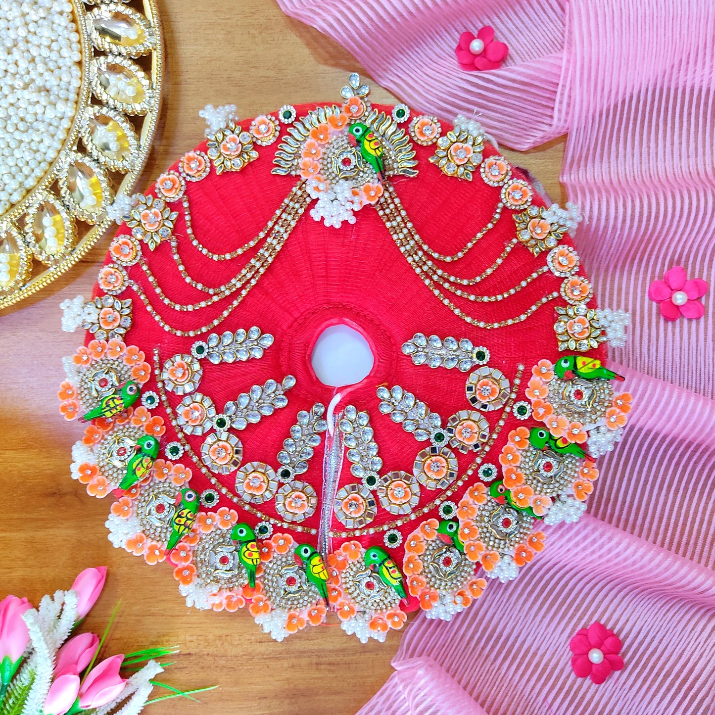 Two-In-One Ring Style Radha Rani Dress – Janmashtami Special Heavy Poshak with Decorative Ring, Handmade Kundan & Floral Patches, Matching Dupatta& Full Shringar Set