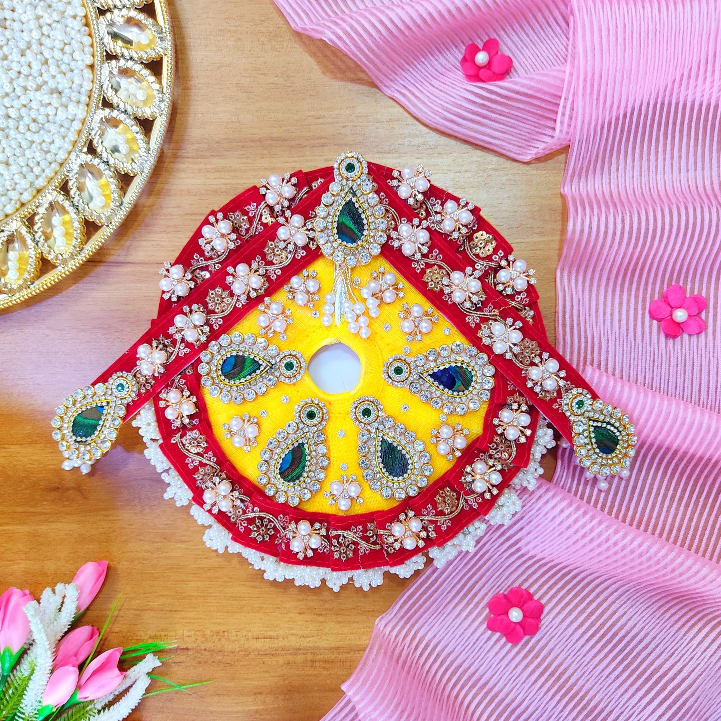 Designer Red and Yellow Radha Rani Poshak – Heavy Styling Dress with Peacock Feather Patches, Matching Chunri & Full Shringar Set