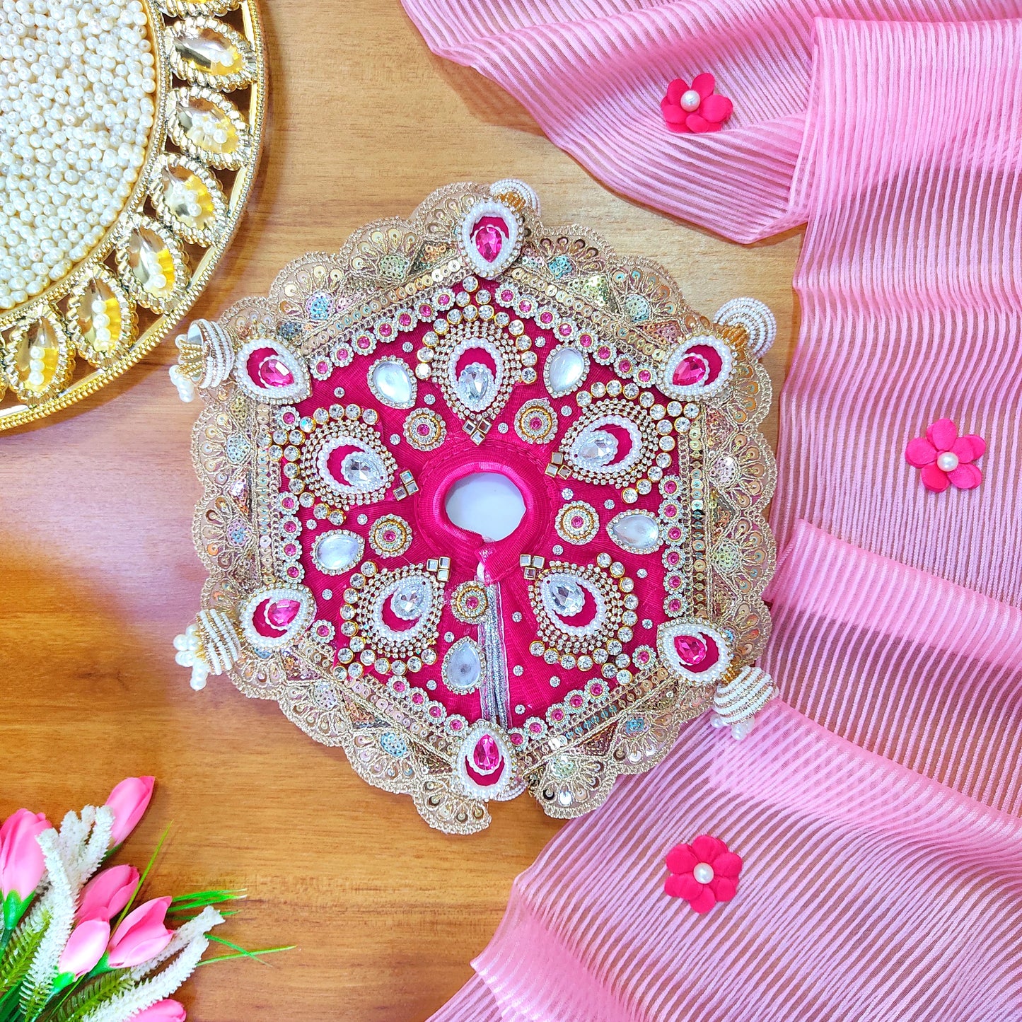 Royal Rani Pink Krishna Dress – Hexagon Poshak with Handmade Patches, Heavy Mukut & Full Shringar Set