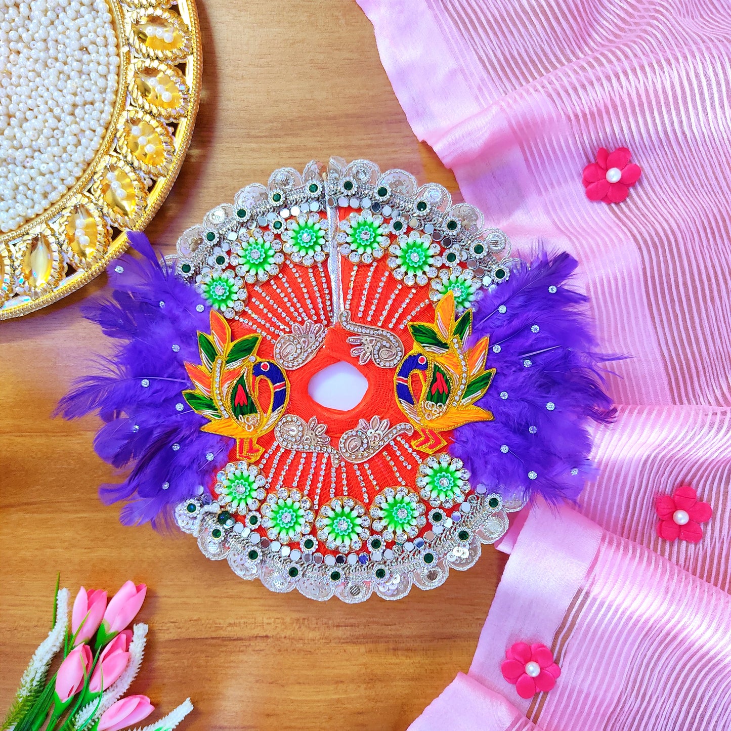 Designer Orange Kanha Ji Dress – Peacock Patches, Purple Feather Work & Full Shringar with Heavy Mukut