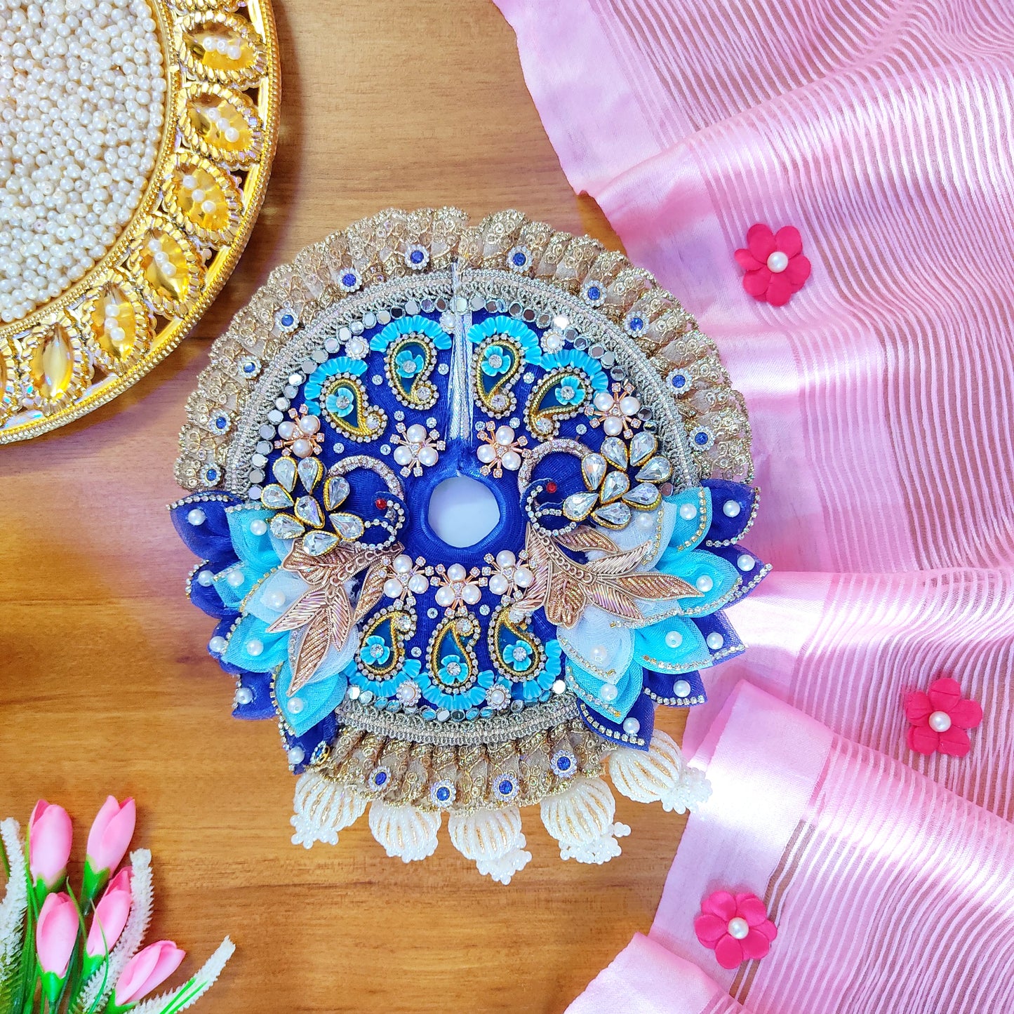 Majestic Royal Blue Laddu Gopal Dress – Detailed Handwork with Peacock Motifs, Petal Design, Heavy Mukut & Full Shringar Set