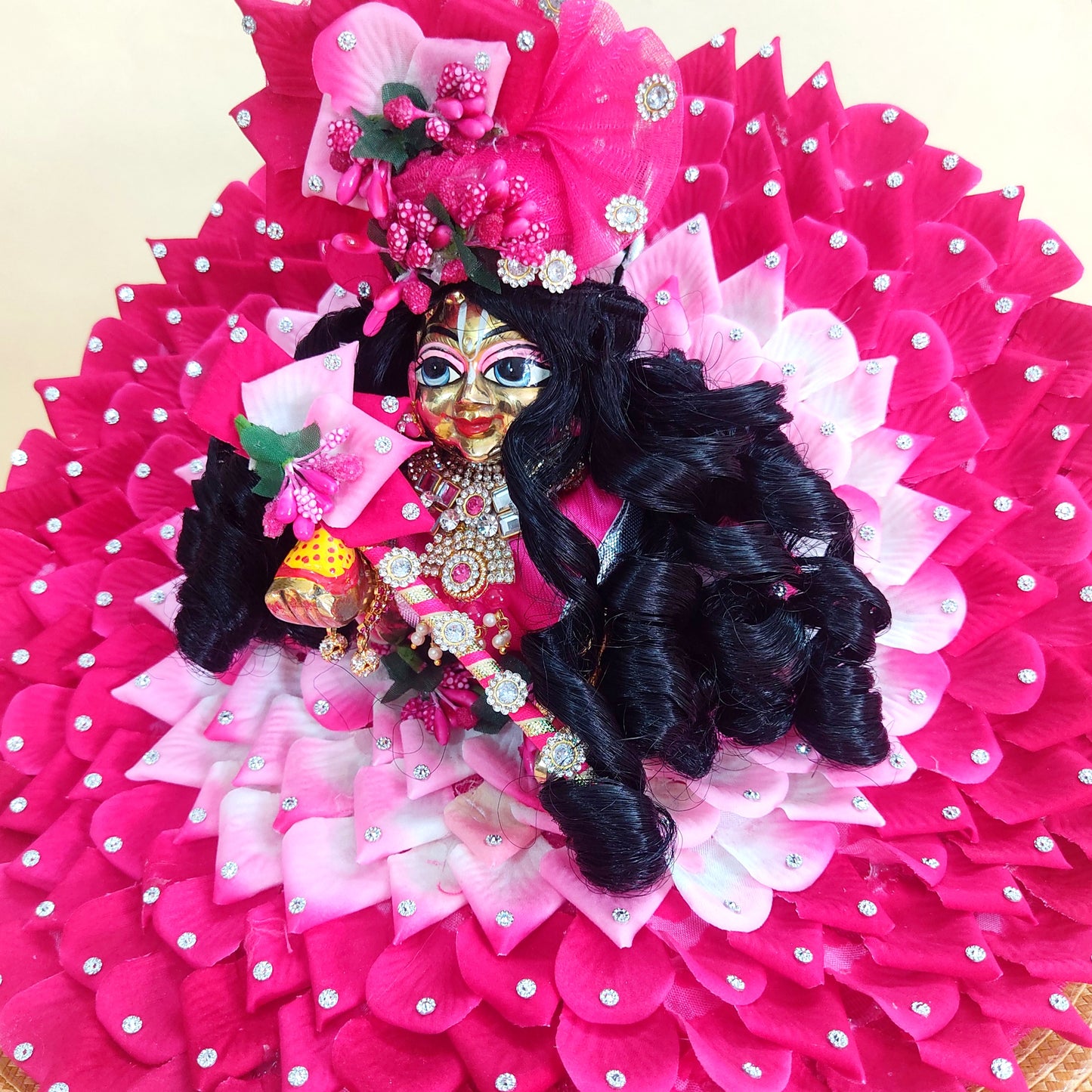 Elegant Rose Petal Poshak for Bal Gopal – Matching Mukut & Full Shringar Included