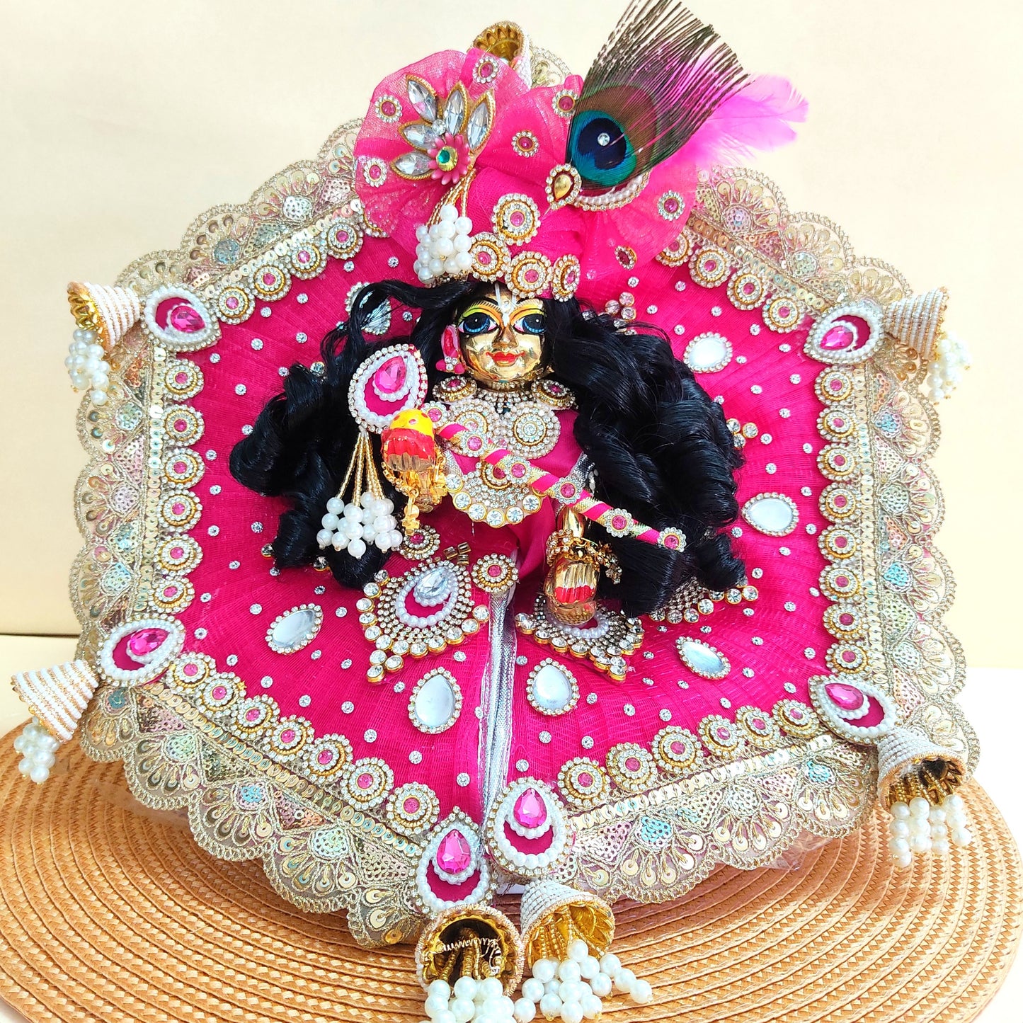 Royal Rani Pink Krishna Dress – Hexagon Poshak with Handmade Patches, Heavy Mukut & Full Shringar Set