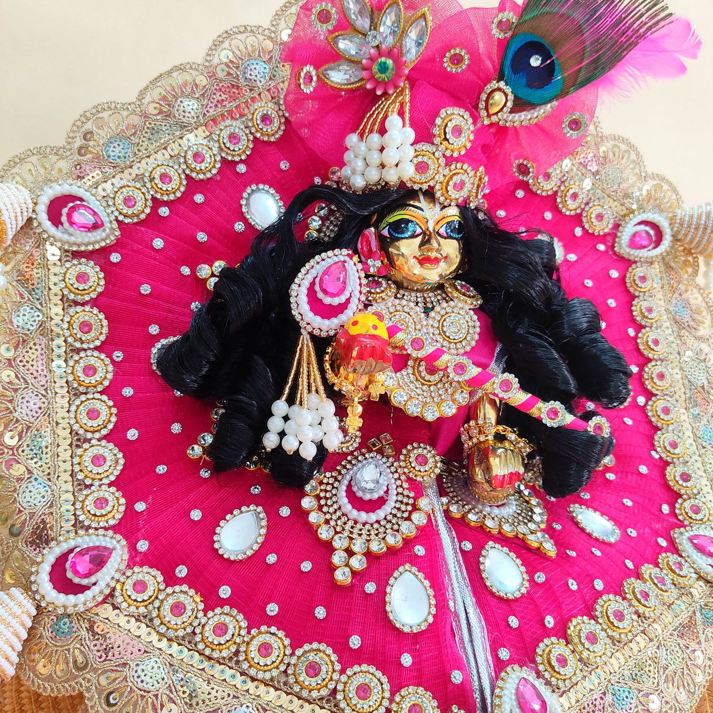 Royal Rani Pink Krishna Dress – Hexagon Poshak with Handmade Patches, Heavy Mukut & Full Shringar Set