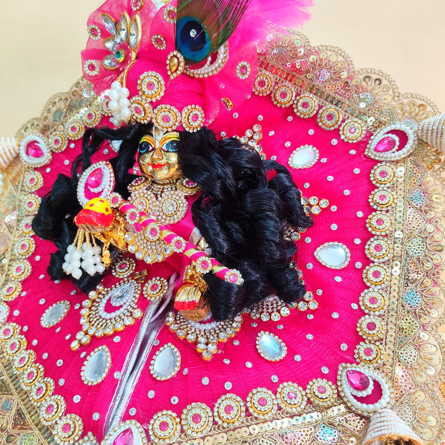 Royal Rani Pink Krishna Dress – Hexagon Poshak with Handmade Patches, Heavy Mukut & Full Shringar Set