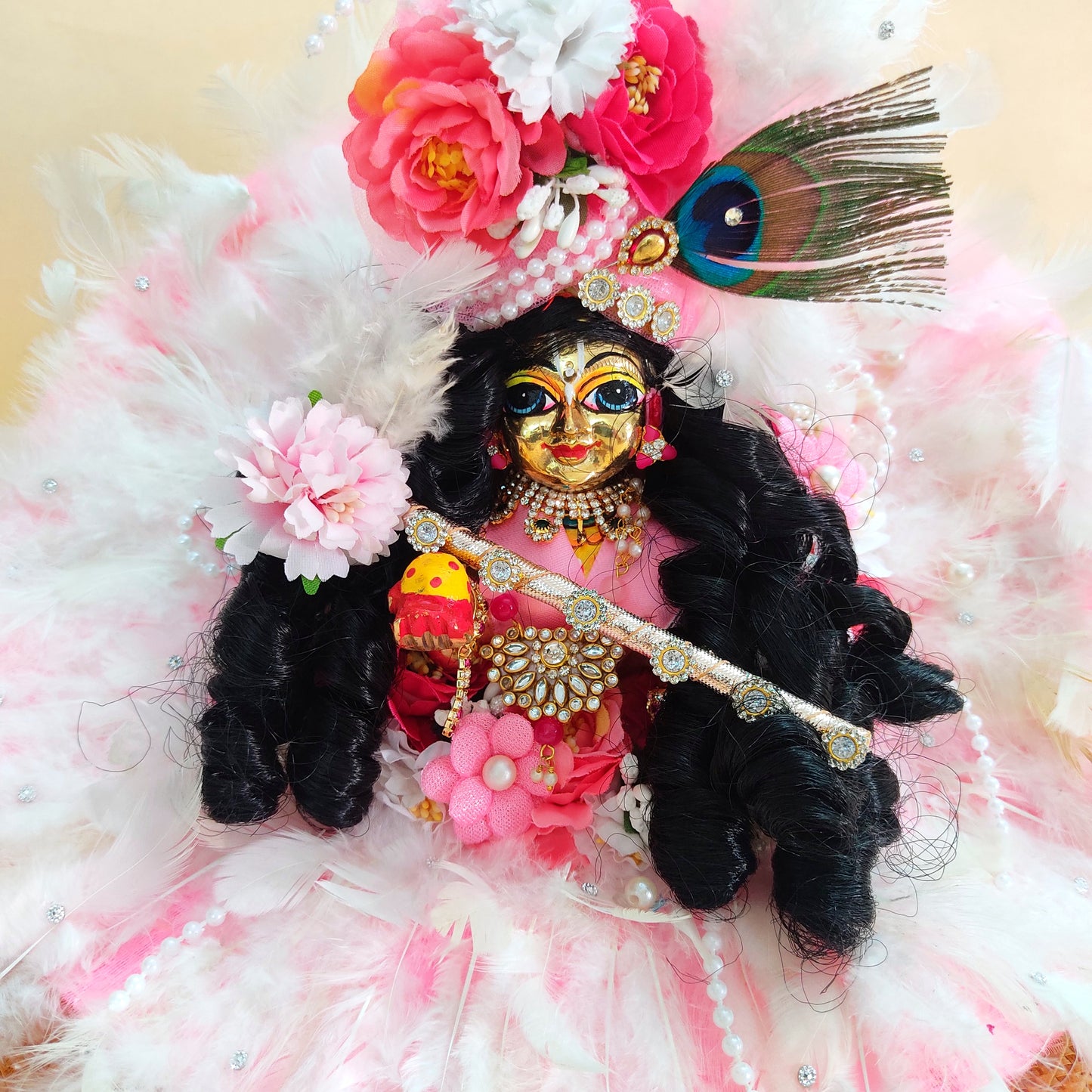 Soft Feather Sky Blue Kanha ji Dress – Janmashtami Special Laddu Gopal Poshak with Floral Work & Matching Mukut Full Shringar Set