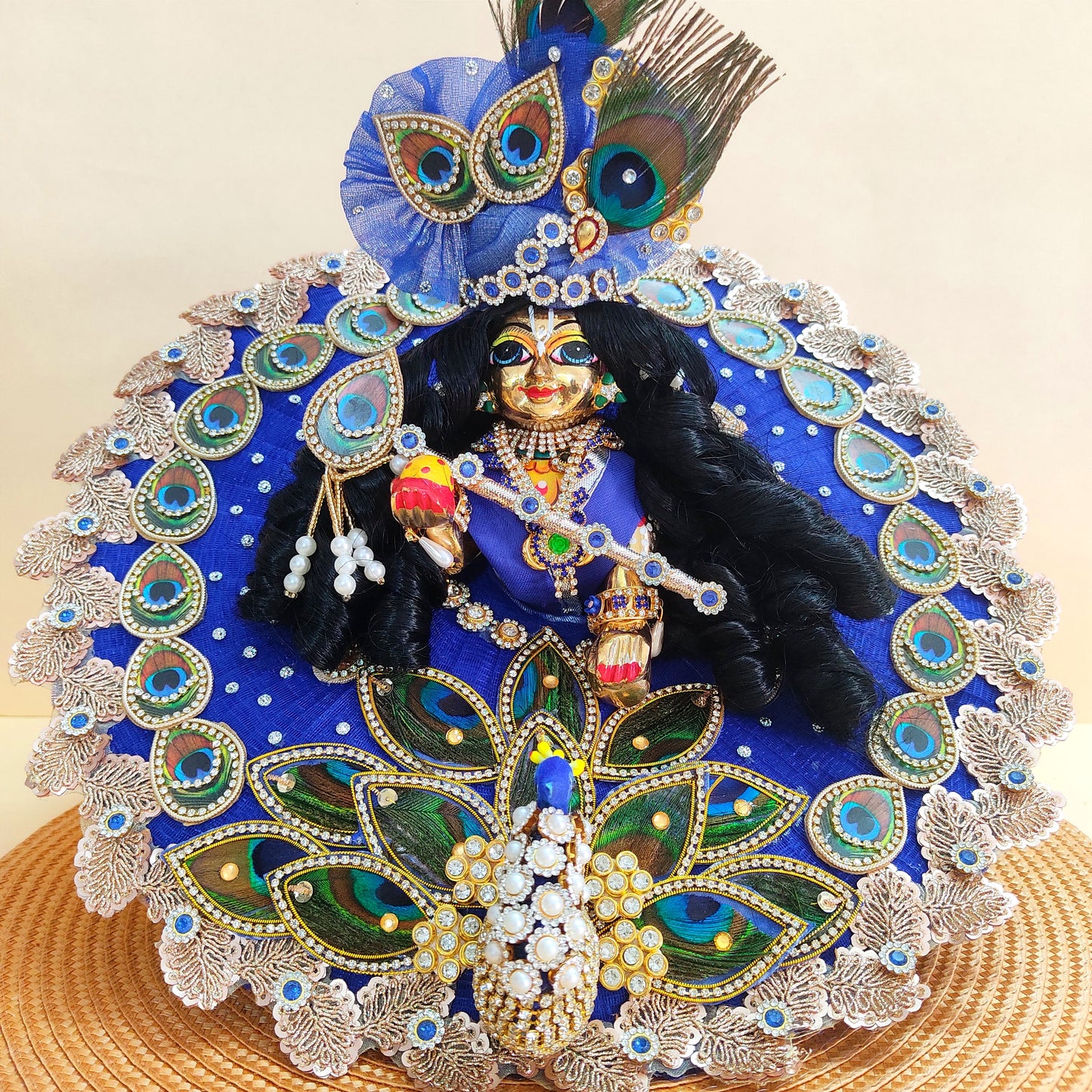 3D Peacock Blue Color Laddu Gopal Dress – Janmashtami Special Designer Thakur Ji Poshak with Matching Mukut & Full Shringar Set