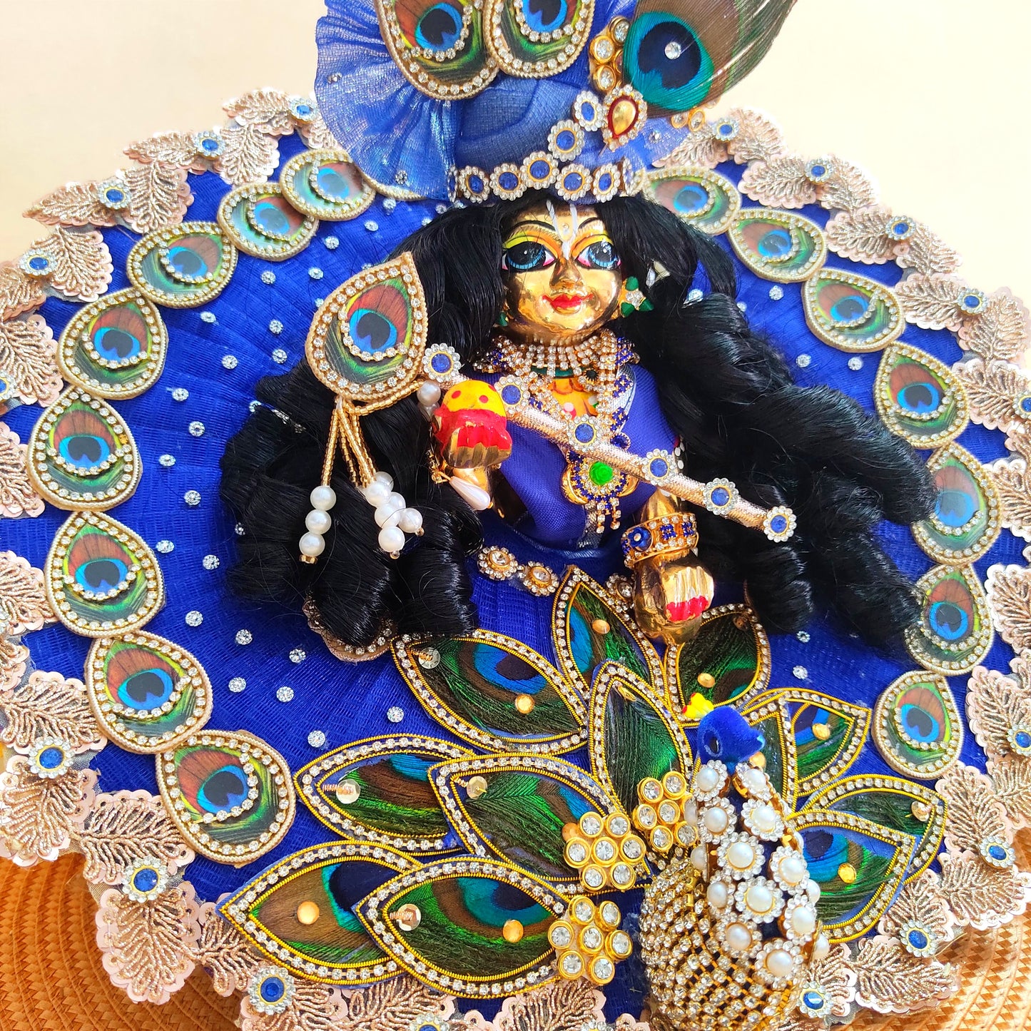 3D Peacock Blue Color Laddu Gopal Dress – Janmashtami Special Designer Thakur Ji Poshak with Matching Mukut & Full Shringar Set