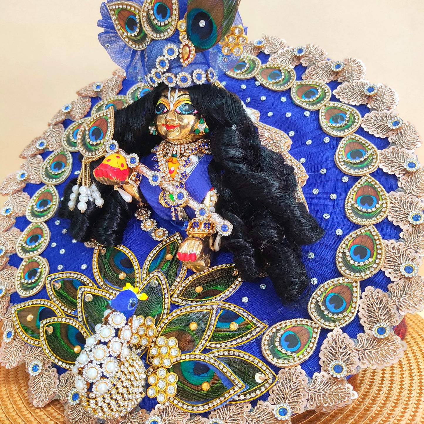 3D Peacock Blue Color Laddu Gopal Dress – Janmashtami Special Designer Thakur Ji Poshak with Matching Mukut & Full Shringar Set