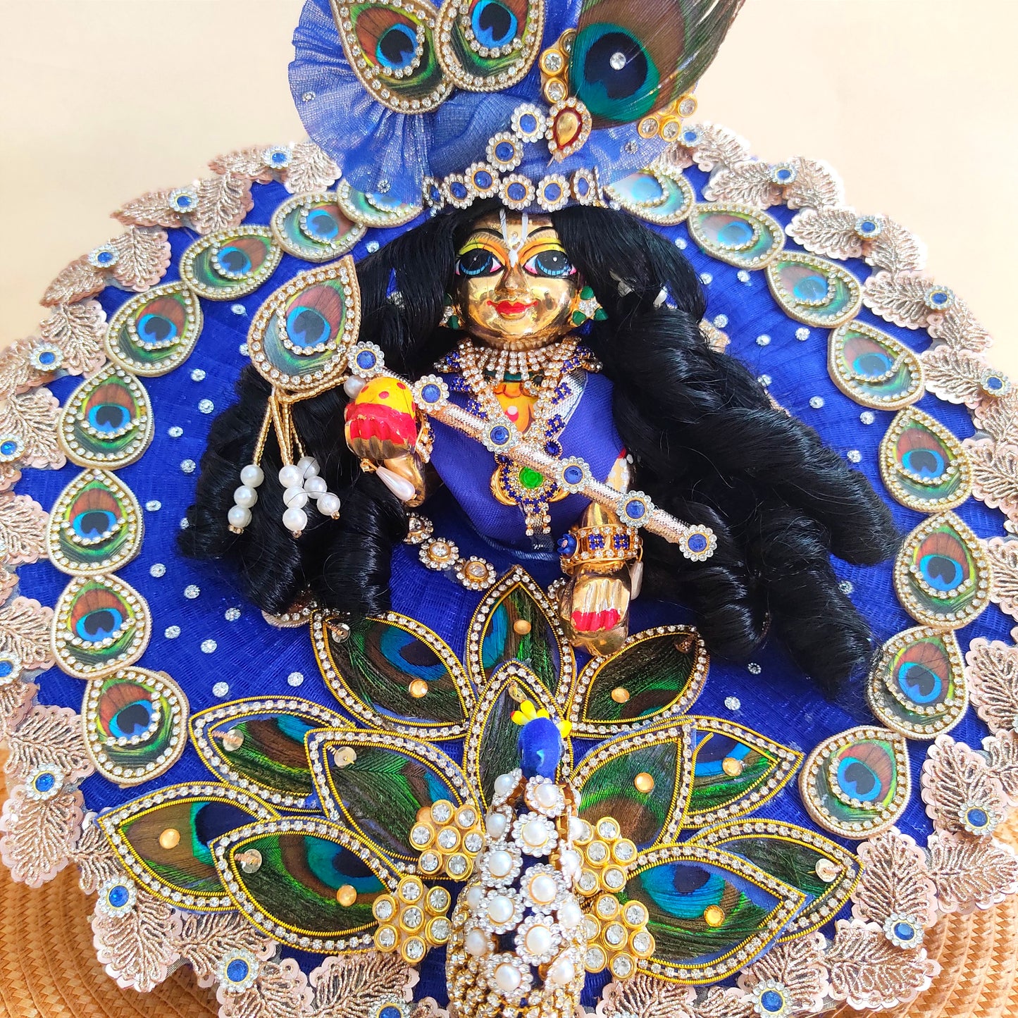 3D Peacock Blue Color Laddu Gopal Dress – Janmashtami Special Designer Thakur Ji Poshak with Matching Mukut & Full Shringar Set