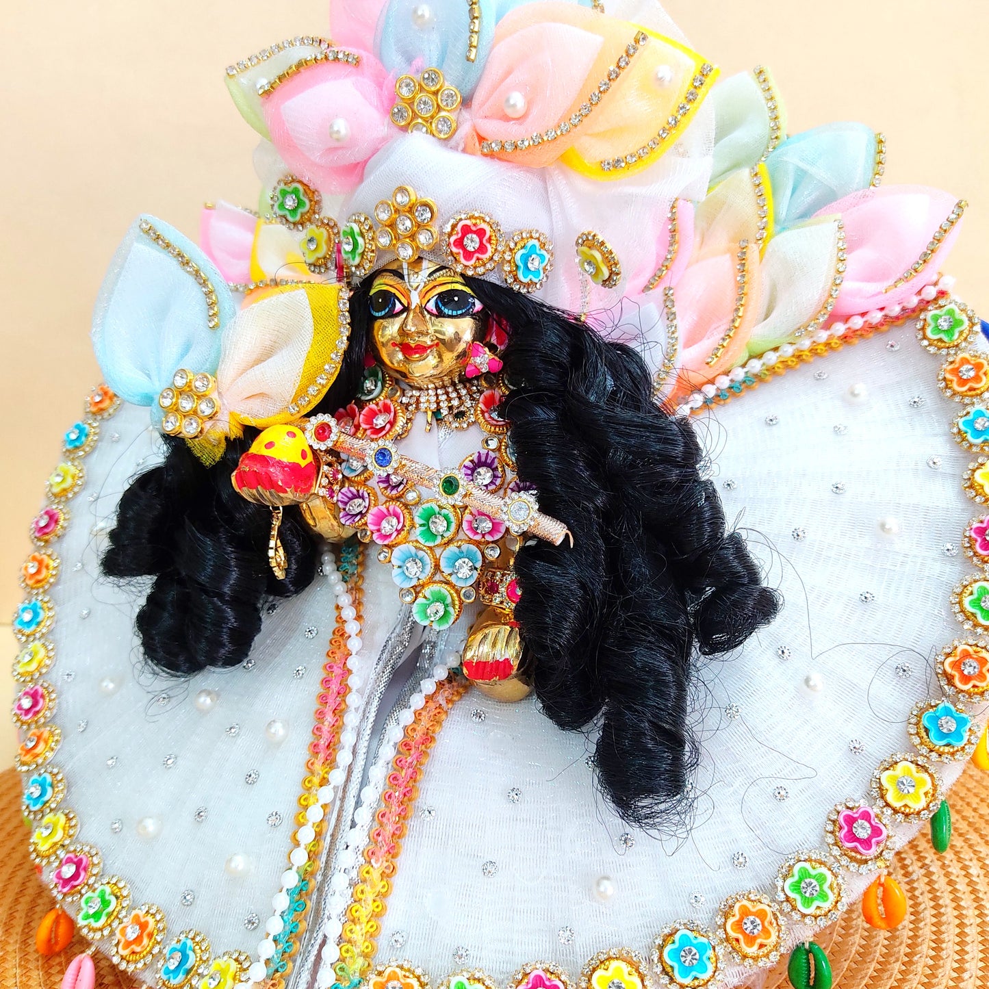 Sharad Purnima Special White Krishna Poshak – Multicolor Petal Work & Lace Dress with Mukut, Bansuri, Full Shringar Set & a Surprise Gift