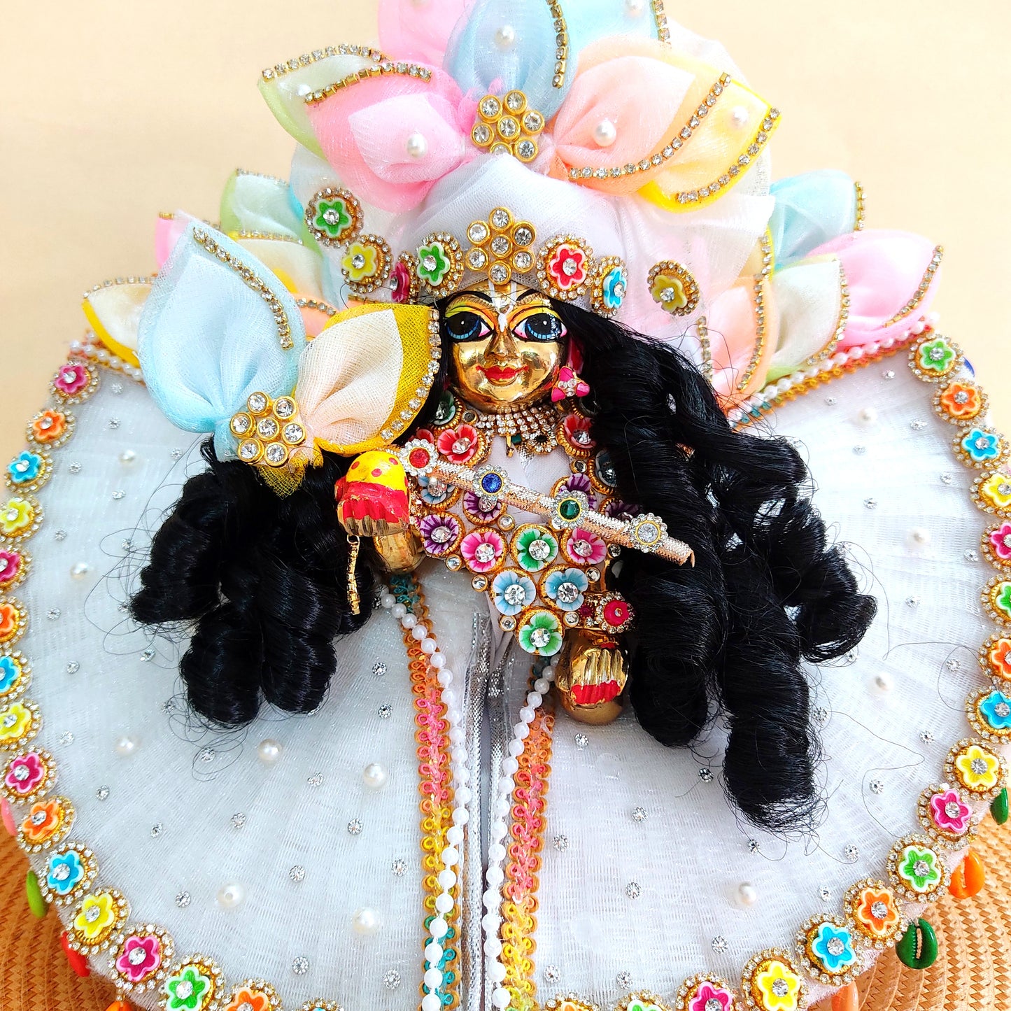 Sharad Purnima Special White Krishna Poshak – Multicolor Petal Work & Lace Dress with Mukut, Bansuri, Full Shringar Set & a Surprise Gift