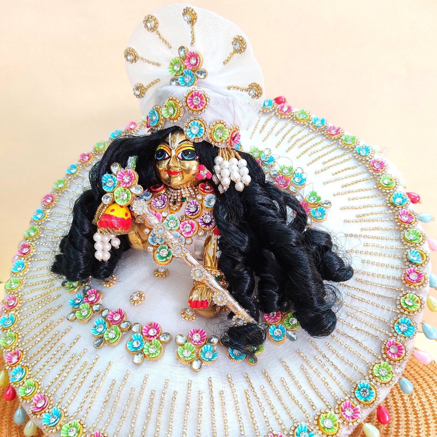 Sharad Purnima Special White Thakur ji Poshak – Multicolor Floral Work with Diamond Chain Detailing with Mukut, Bansuri, Full Shringar Set & a Surprise Gift