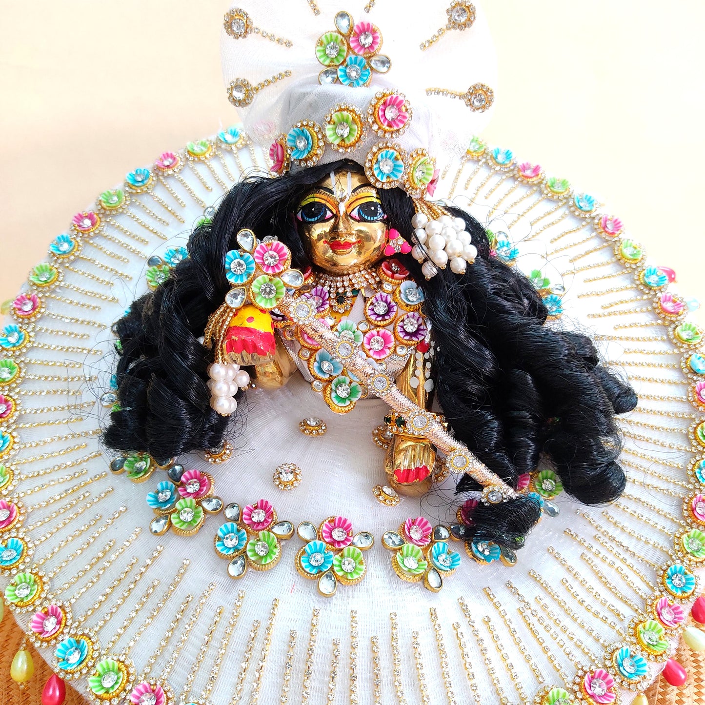 Sharad Purnima Special White Thakur ji Poshak – Multicolor Floral Work with Diamond Chain Detailing with Mukut, Bansuri, Full Shringar Set & a Surprise Gift