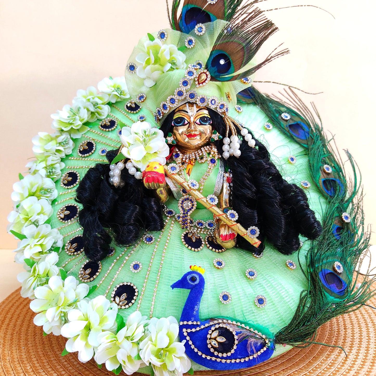 Yellow Color With Peacock Theme Dress for Kanha Ji – Real Peacock Feathers & Floral Work with Mukut, Patakha Set, Bansuri & Full Shringar Set