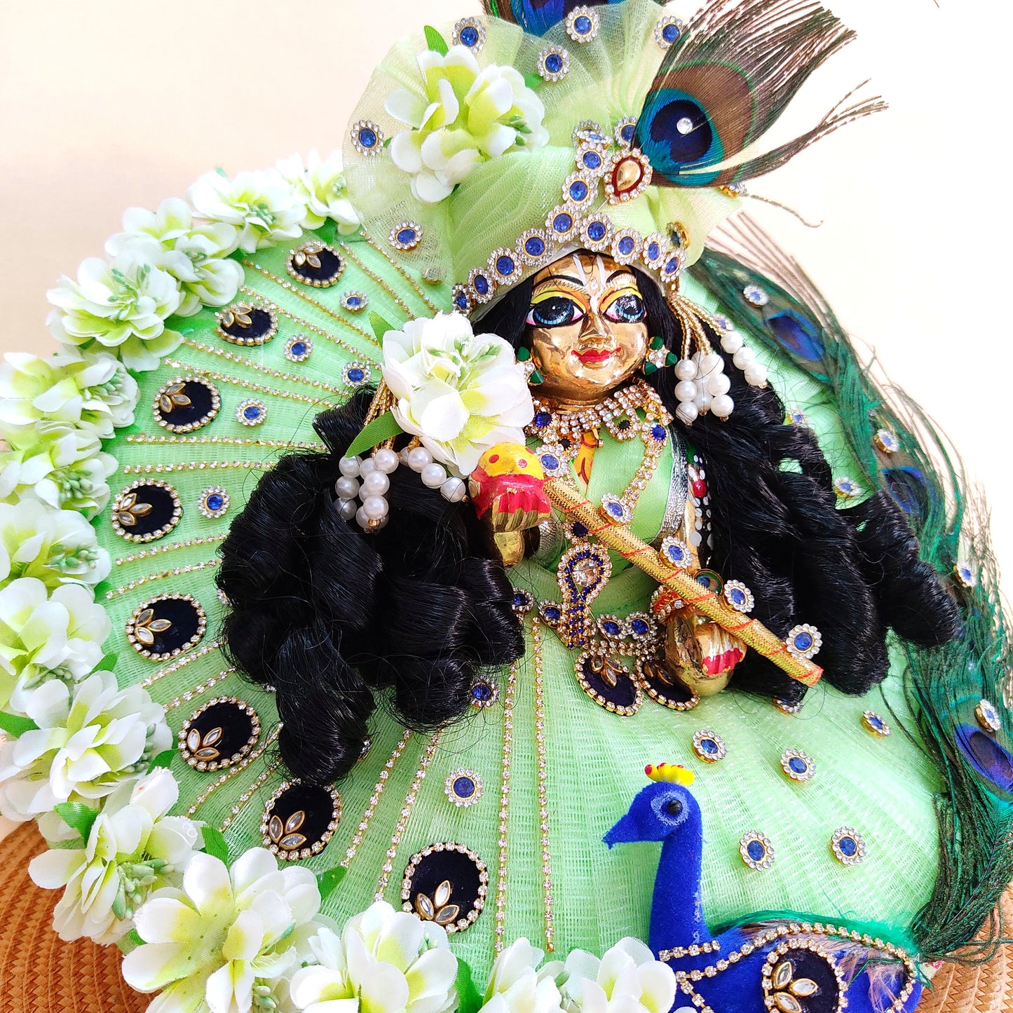 Radiant Green Color With Peacock Theme Dress for Kanha Ji – Real Peacock Feathers & Floral Work with Mukut, Patakha Set, Bansuri & Full Shringar Set
