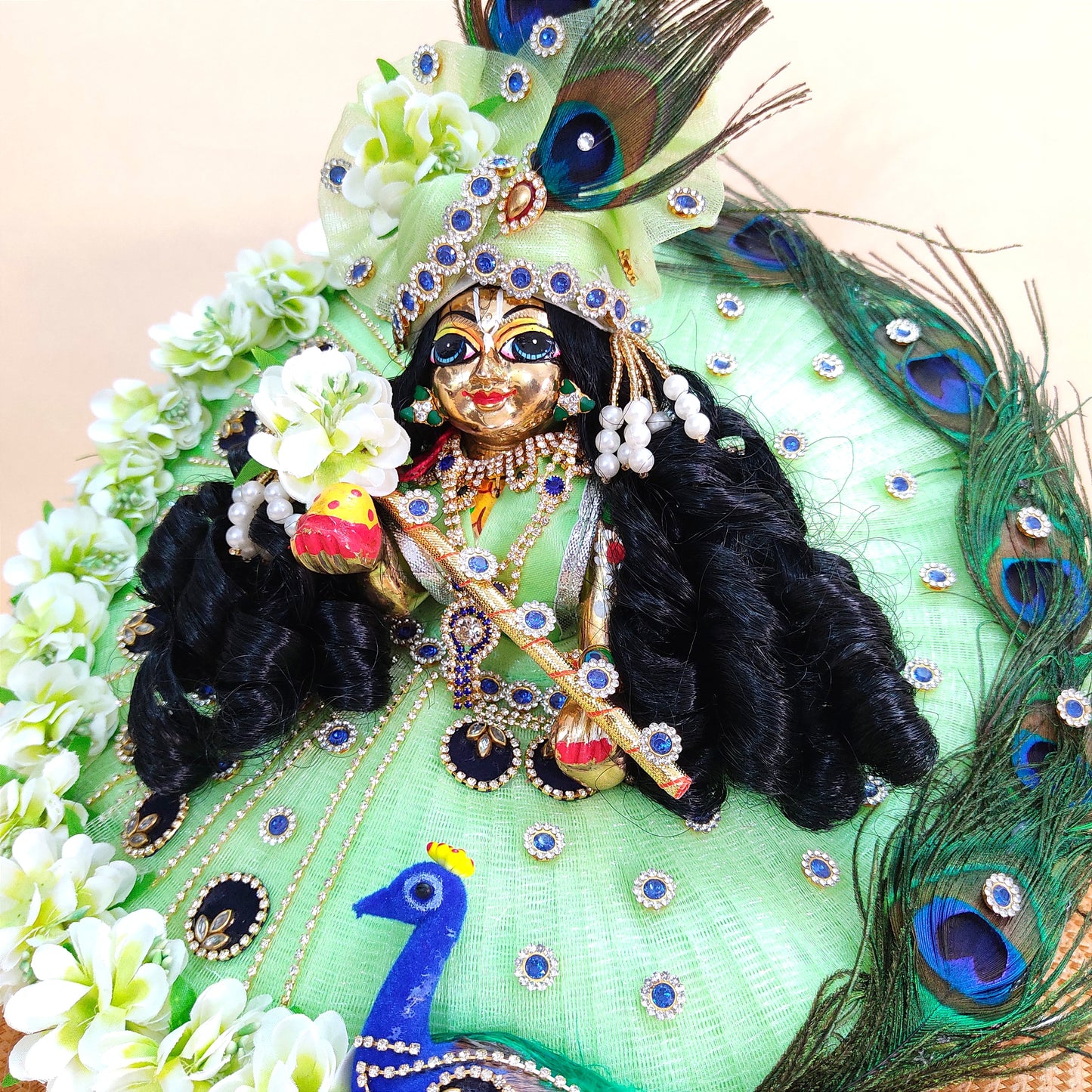 Radiant Green Color With Peacock Theme Dress for Kanha Ji – Real Peacock Feathers & Floral Work with Mukut, Patakha Set, Bansuri & Full Shringar Set