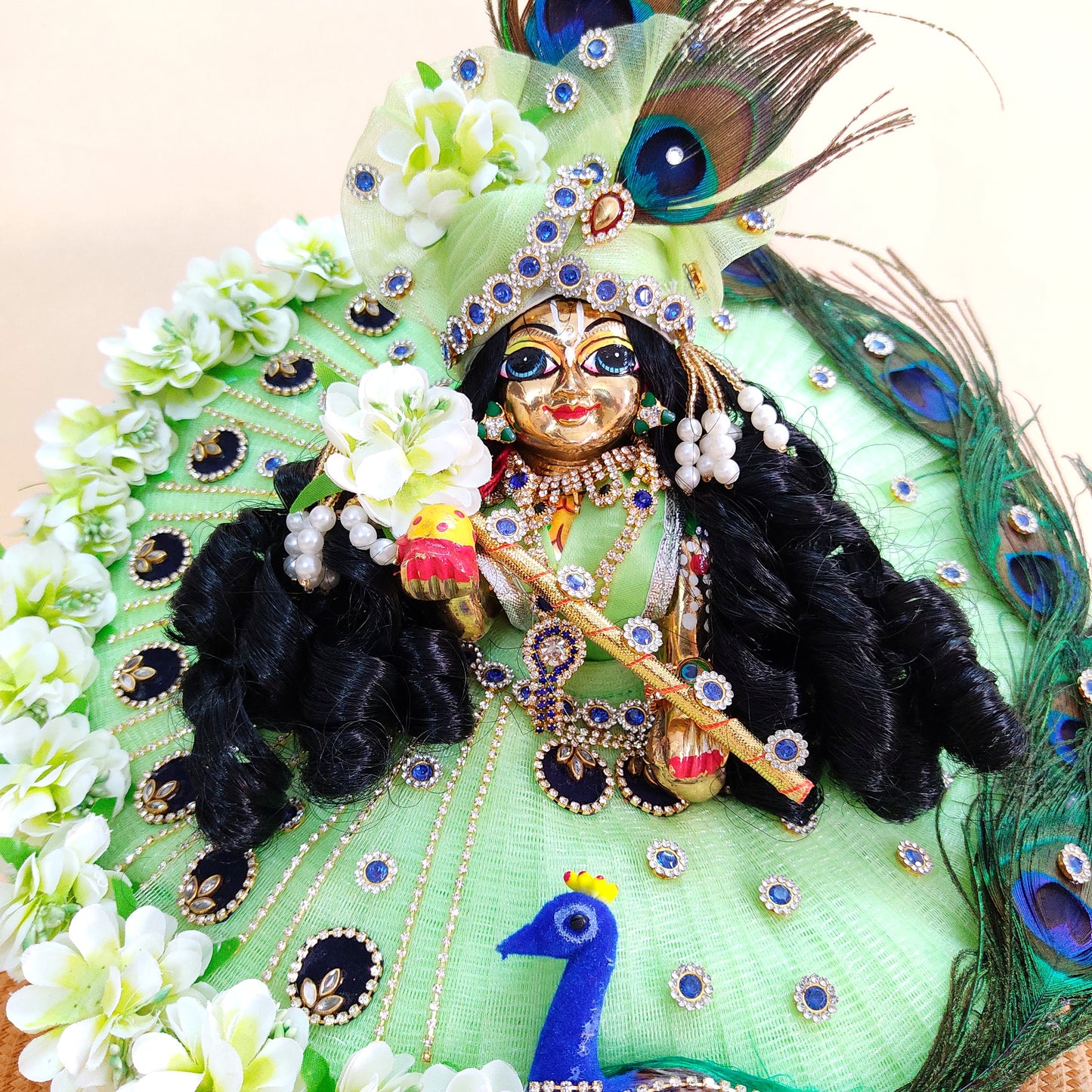 Radiant Green Color With Peacock Theme Dress for Kanha Ji – Real Peacock Feathers & Floral Work with Mukut, Patakha Set, Bansuri & Full Shringar Set