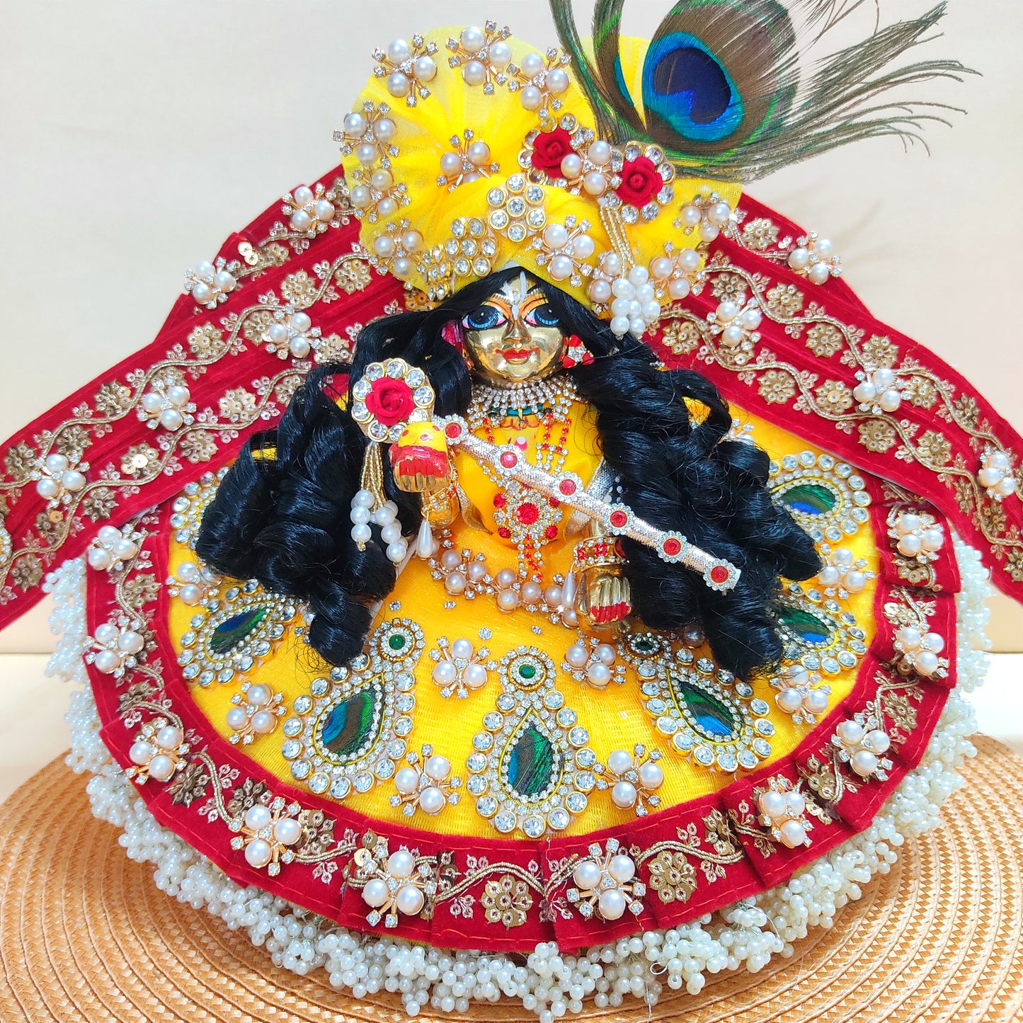 Designer Red and Yellow Laddu Gopal Poshak – Heavy Styling Bal Gopal Dress with Peacock Feather Patches, Matching Mukut & Full Shringar Set