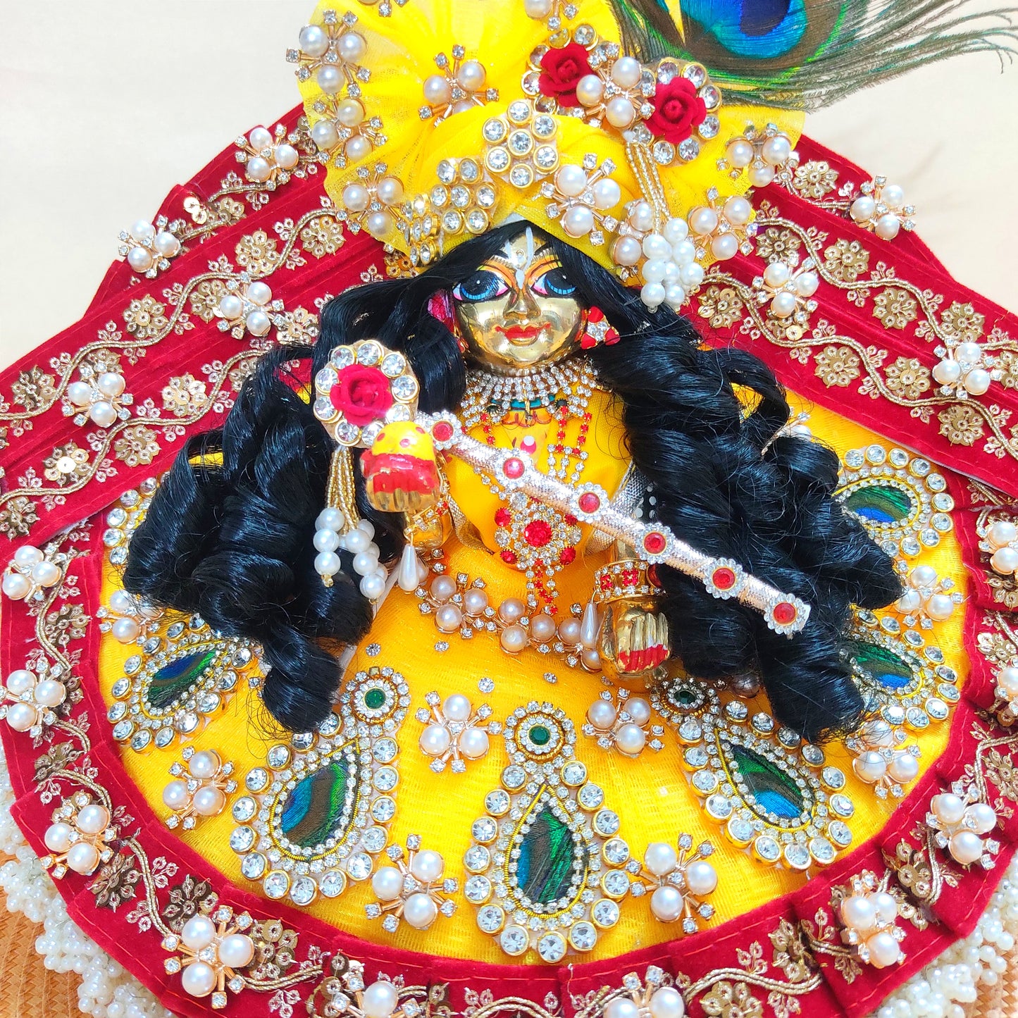 Designer Red and Yellow Laddu Gopal Poshak – Heavy Styling Bal Gopal Dress with Peacock Feather Patches, Matching Mukut & Full Shringar Set