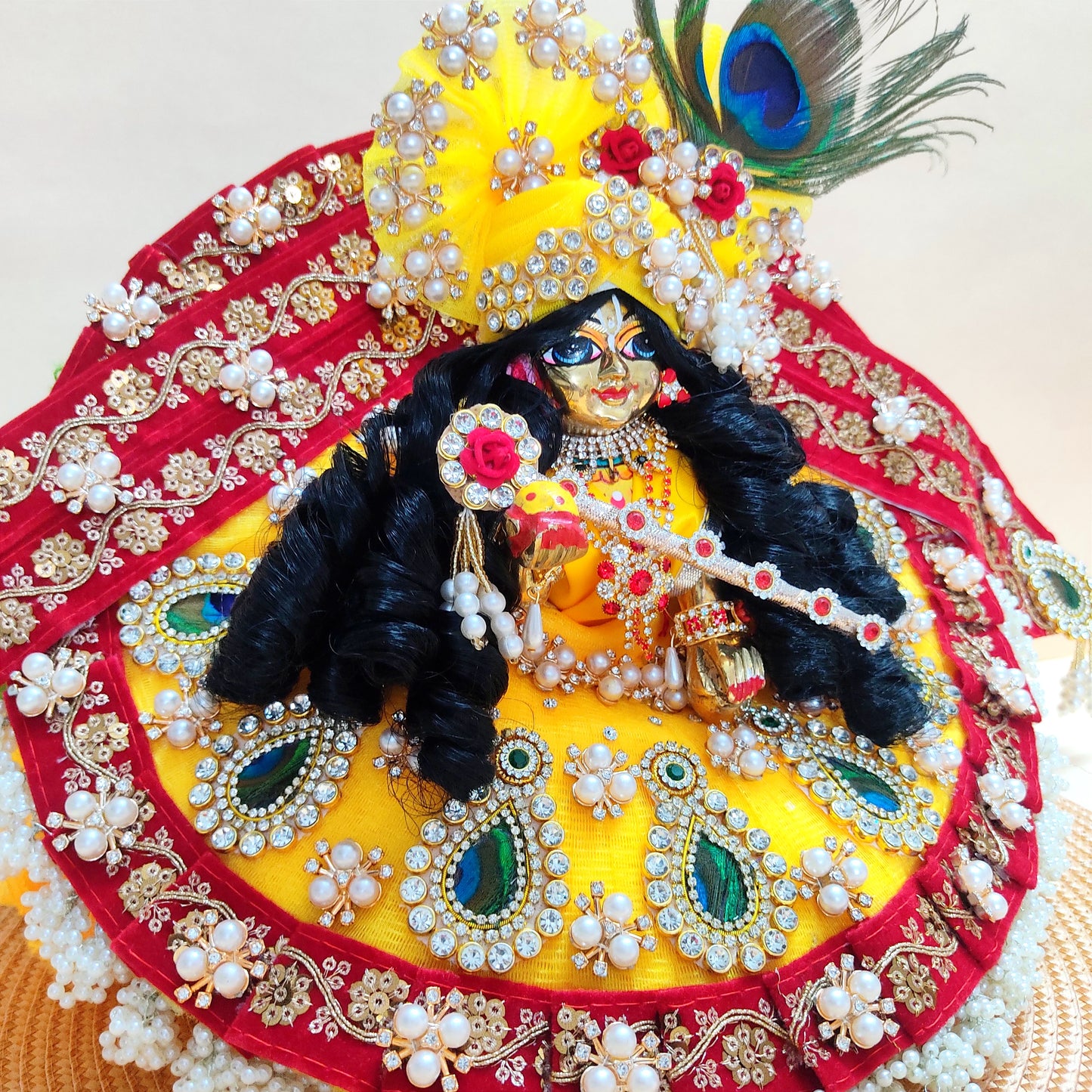 Designer Red and Yellow Laddu Gopal Poshak – Heavy Styling Bal Gopal Dress with Peacock Feather Patches, Matching Mukut & Full Shringar Set