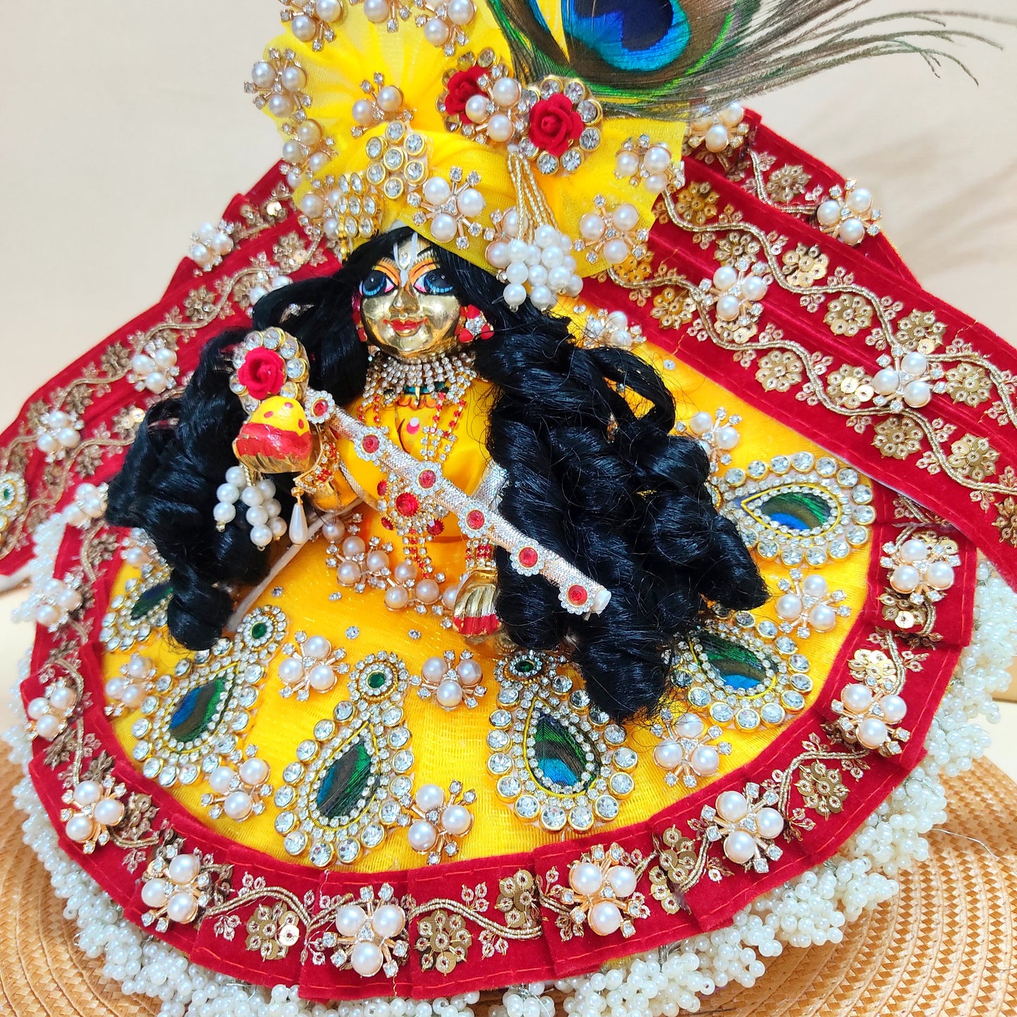 Designer Red and Yellow Laddu Gopal Poshak – Heavy Styling Bal Gopal Dress with Peacock Feather Patches, Matching Mukut & Full Shringar Set