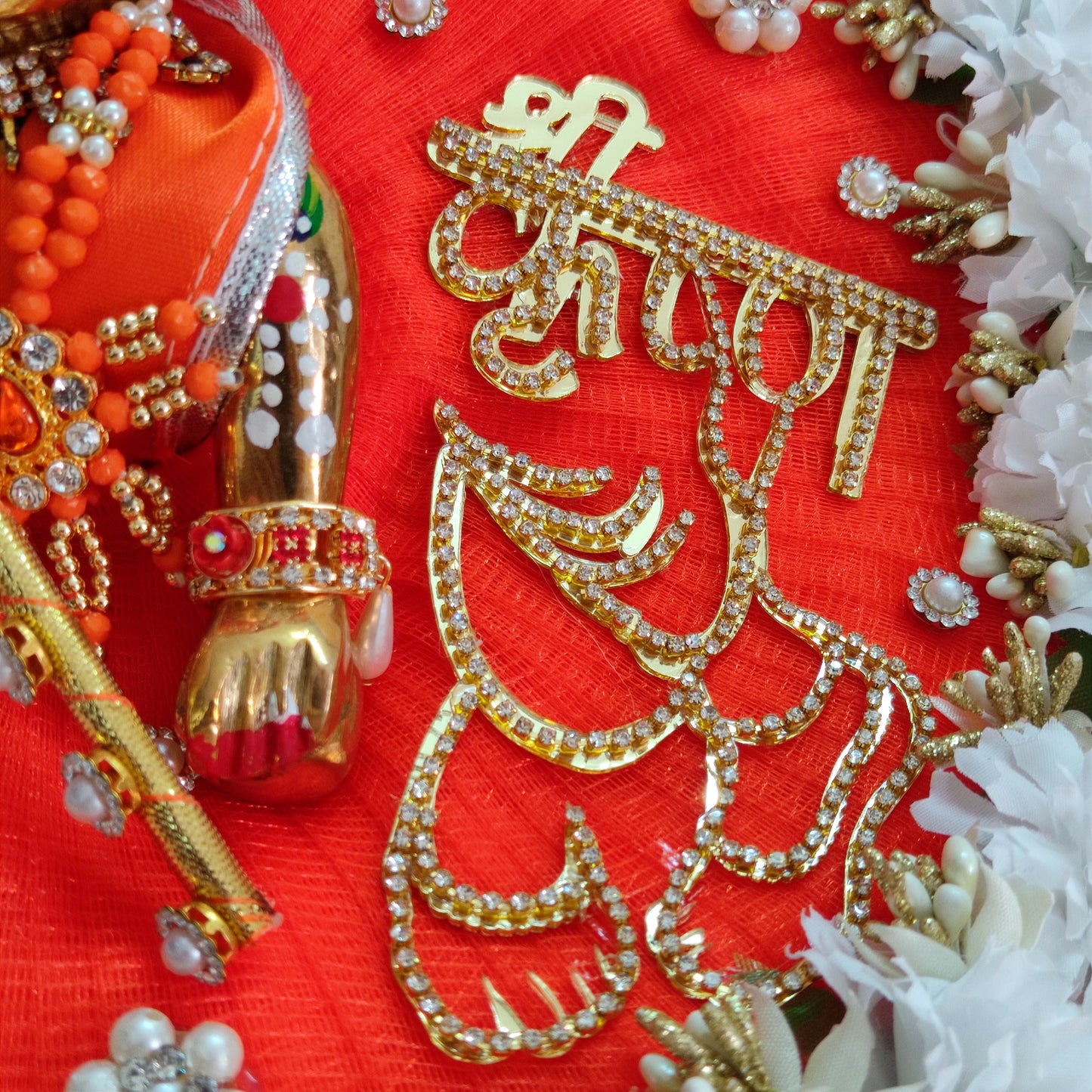 Golden “Shree Krishna” Name Patch with Charan Motif Laddu Gopal Dress – Orange Designer Poshak with Floral and Full Bead Work, Matching Mukut & Full Shringar Set