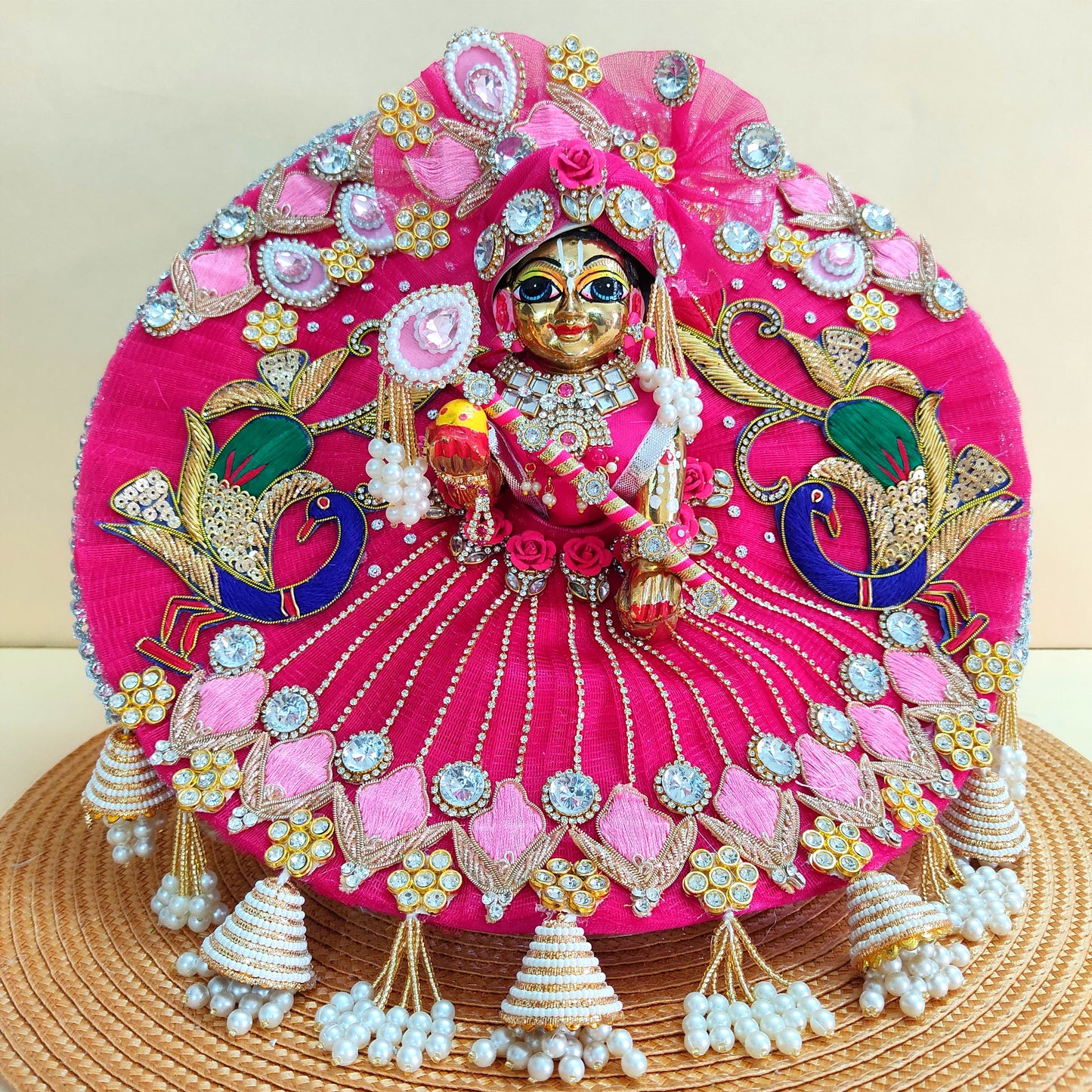 Heavy Look Pink Kanha Ji Dress – Designer Peacock Patches Poshak with Heavy Lace and Motifs, Mukut & Full Shringar Set